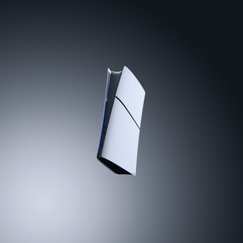Een witte Playstation 5-console zweeft tegen een donkere verloopachtergrond.