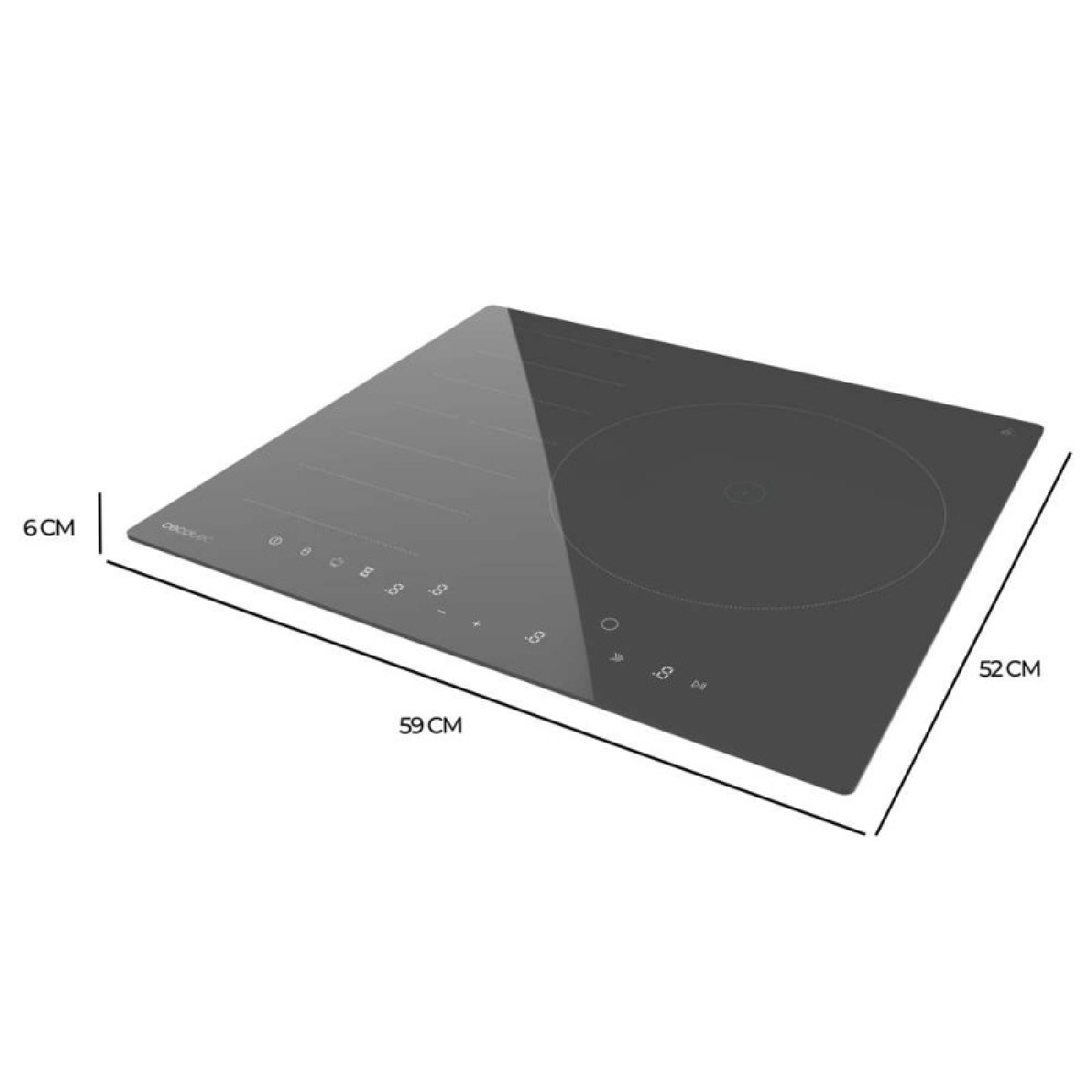 Placa de inducción negra con controles táctiles y dimensiones de 59x52x6 cm.