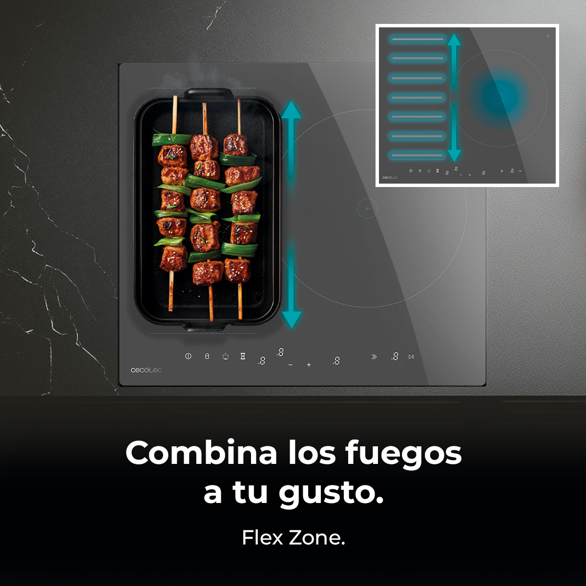 Placa de inducción negra con sartén grill y brochetas de carne en la zona flexible.