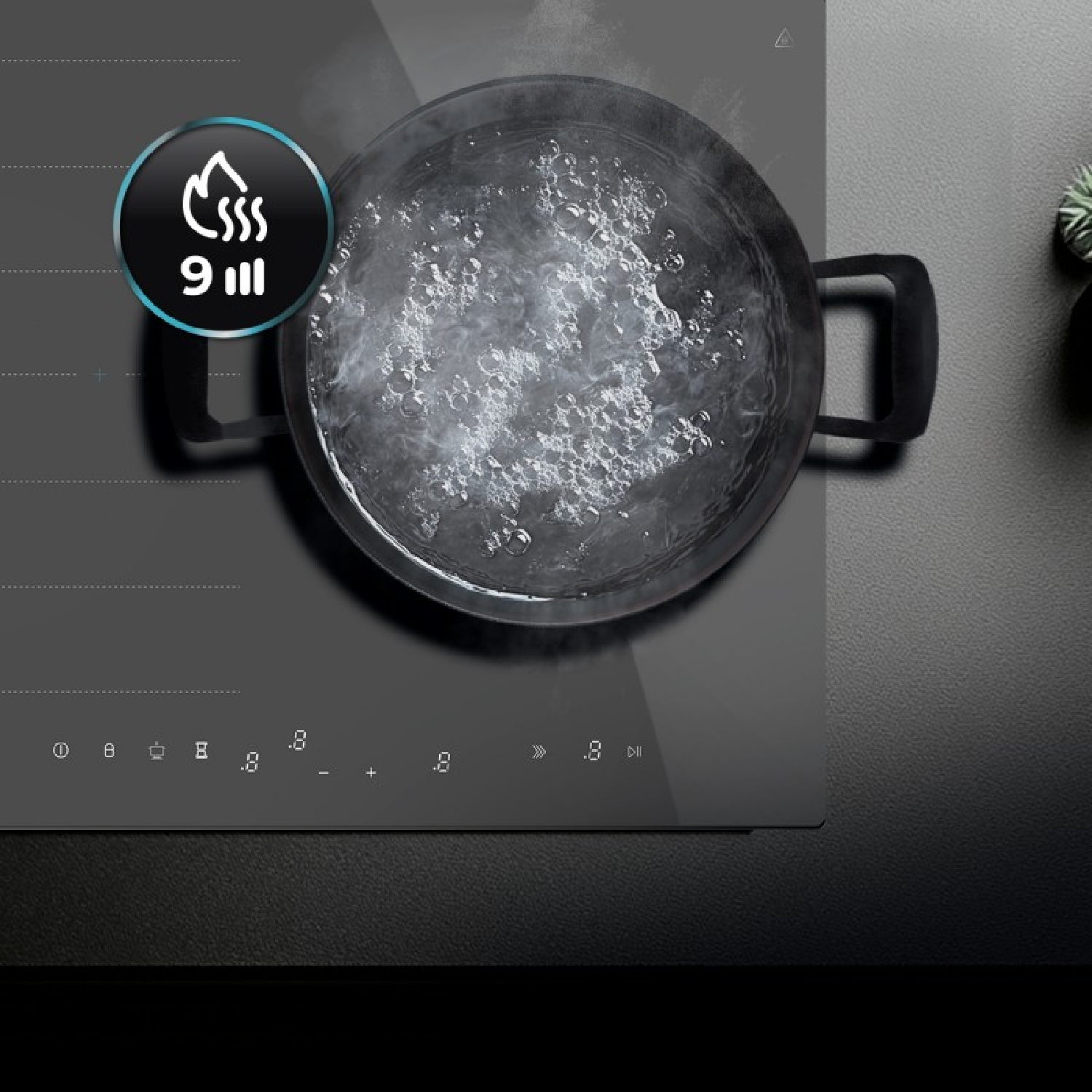 Una olla negra con agua hirviendo en una placa de inducción, con pantalla digital e icono de calor.