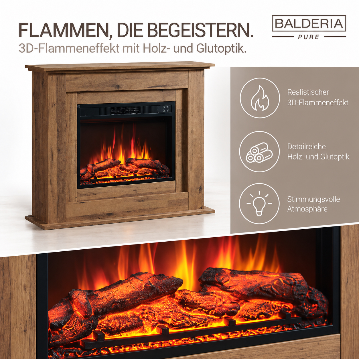 Balderia Elektrokamin mit hölzernem Mantel, realistischem 3D-Flammeneffekt und Glutoptik.