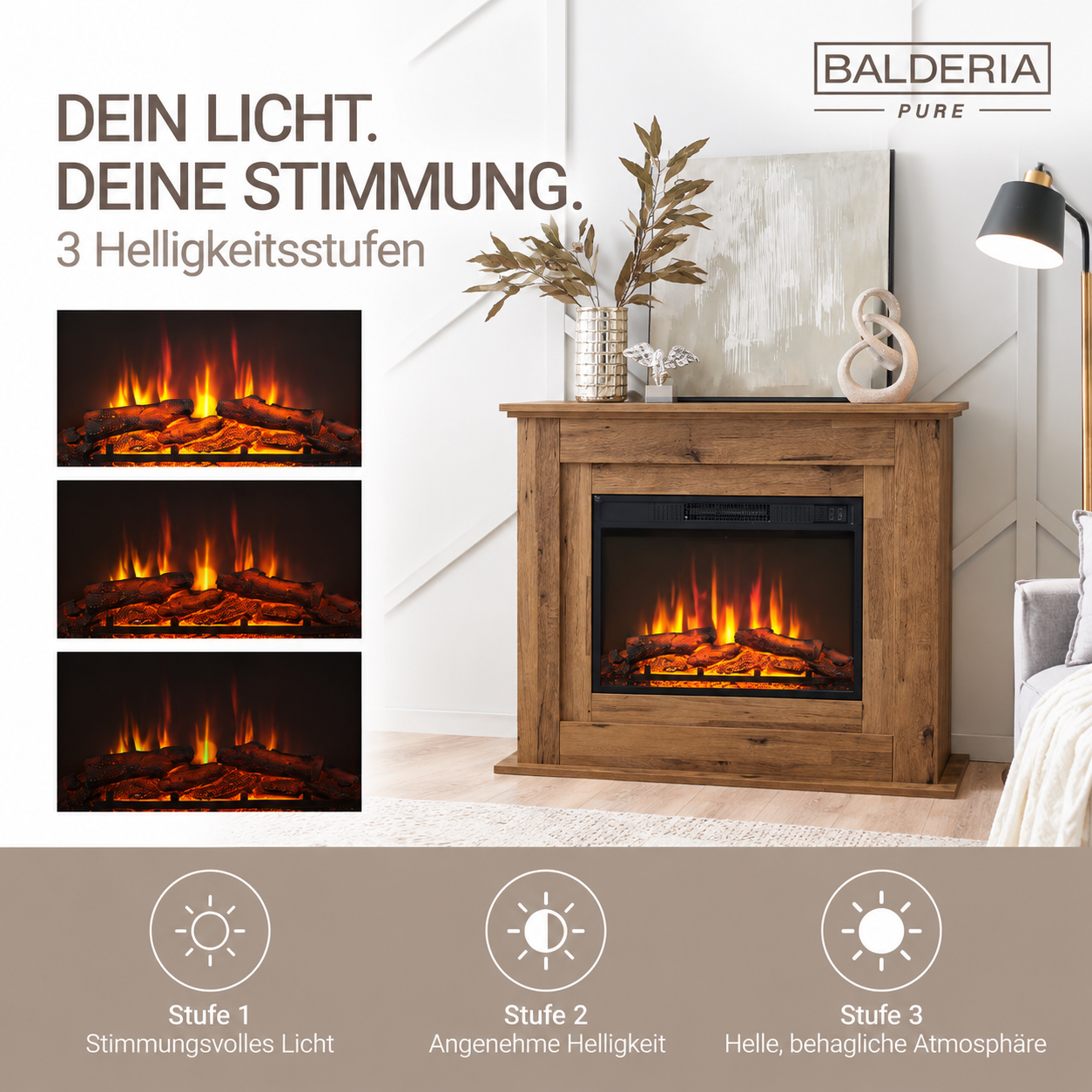 Ein Elektrokamin in einem Holzmantel mit drei Helligkeitsstufen links angezeigt.