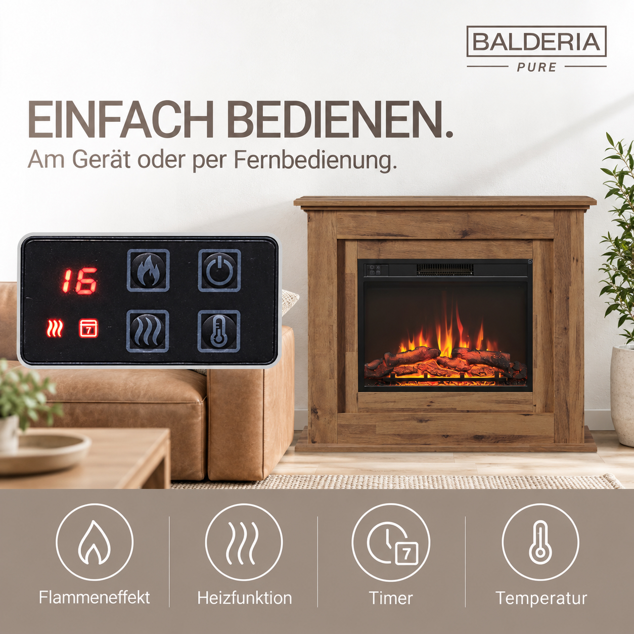 Elektrokamin mit Holzrahmen und Bedienfeld im Vordergrund sowie vier Funktionen unten.