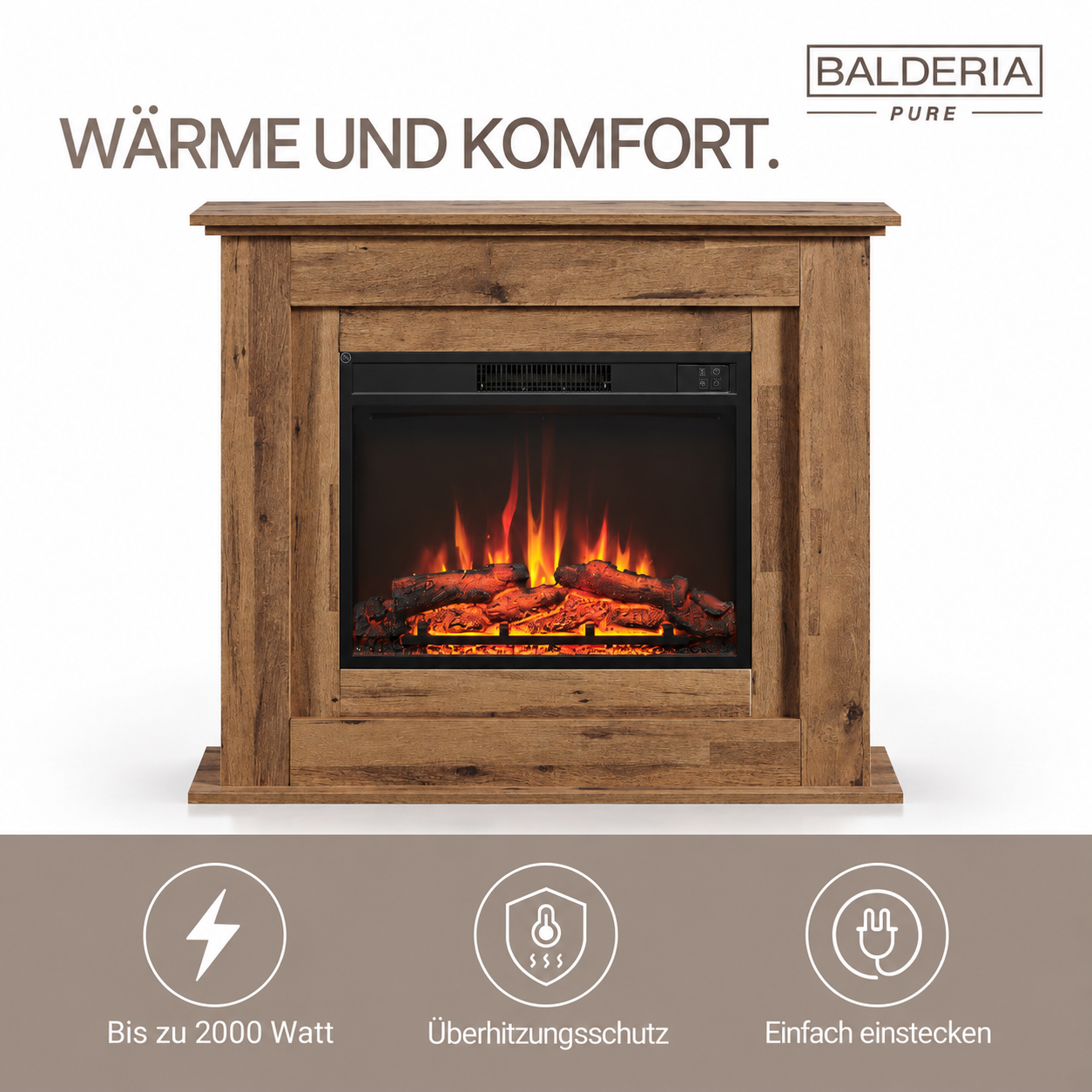 Elektrischer Kamin mit Holzrahmen und flammendem Feuer, darunter drei Funktionssymbole.