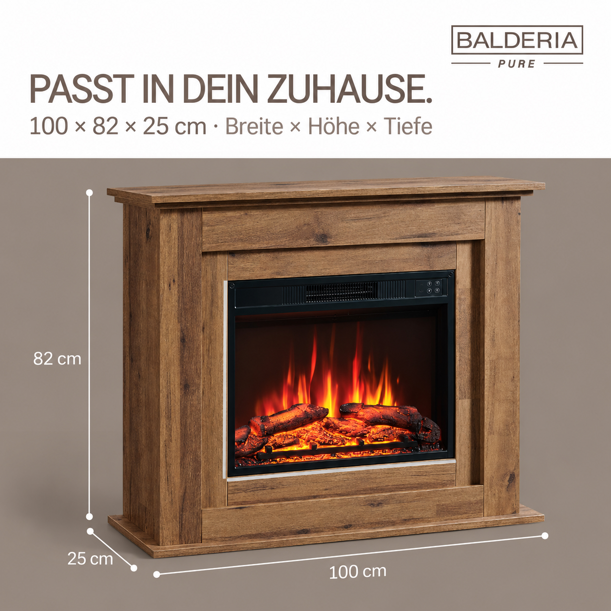 Elektrischer Kamin aus Holz mit leuchtenden Scheiten und Flammeneffekt, Maße: 100x82x25 cm.