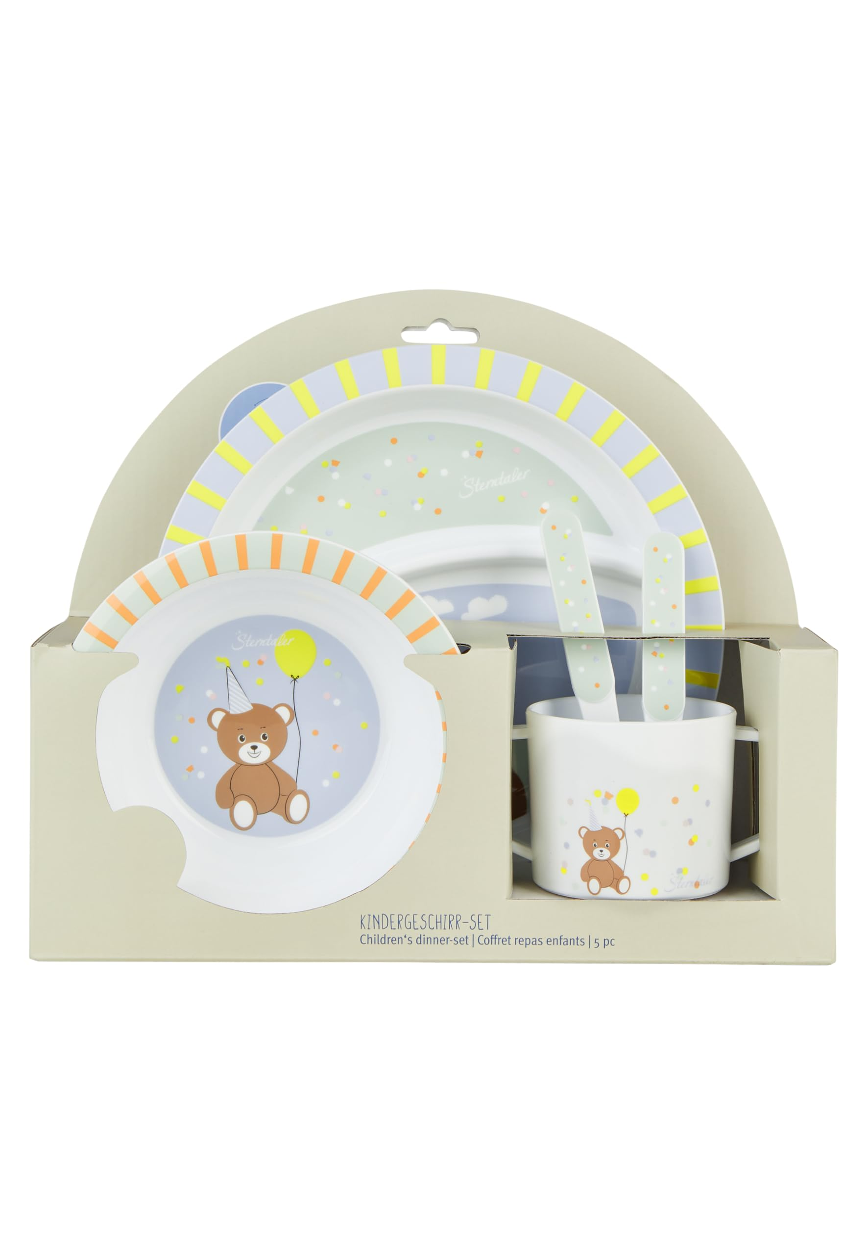 Kindergeschirr-Set mit Bärenmotiv, Teller, Schüssel, Tasse und Besteck in Verpackung.