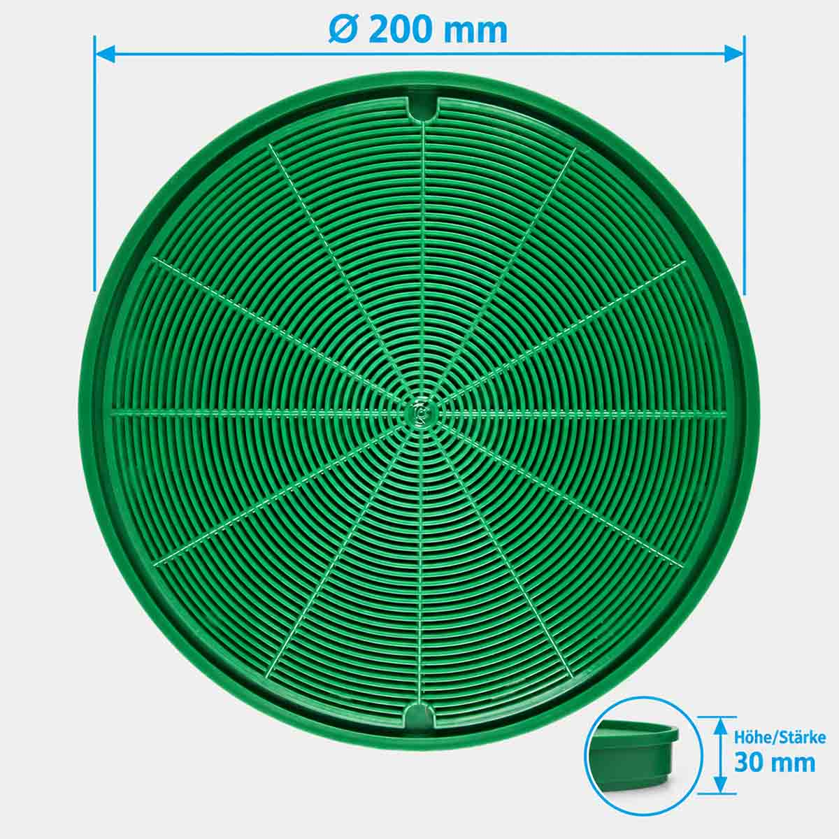 Grüner runder Filter mit konzentrischen Ringen und radialen Rippen, Durchmesser 200 mm, Höhe 30 mm.