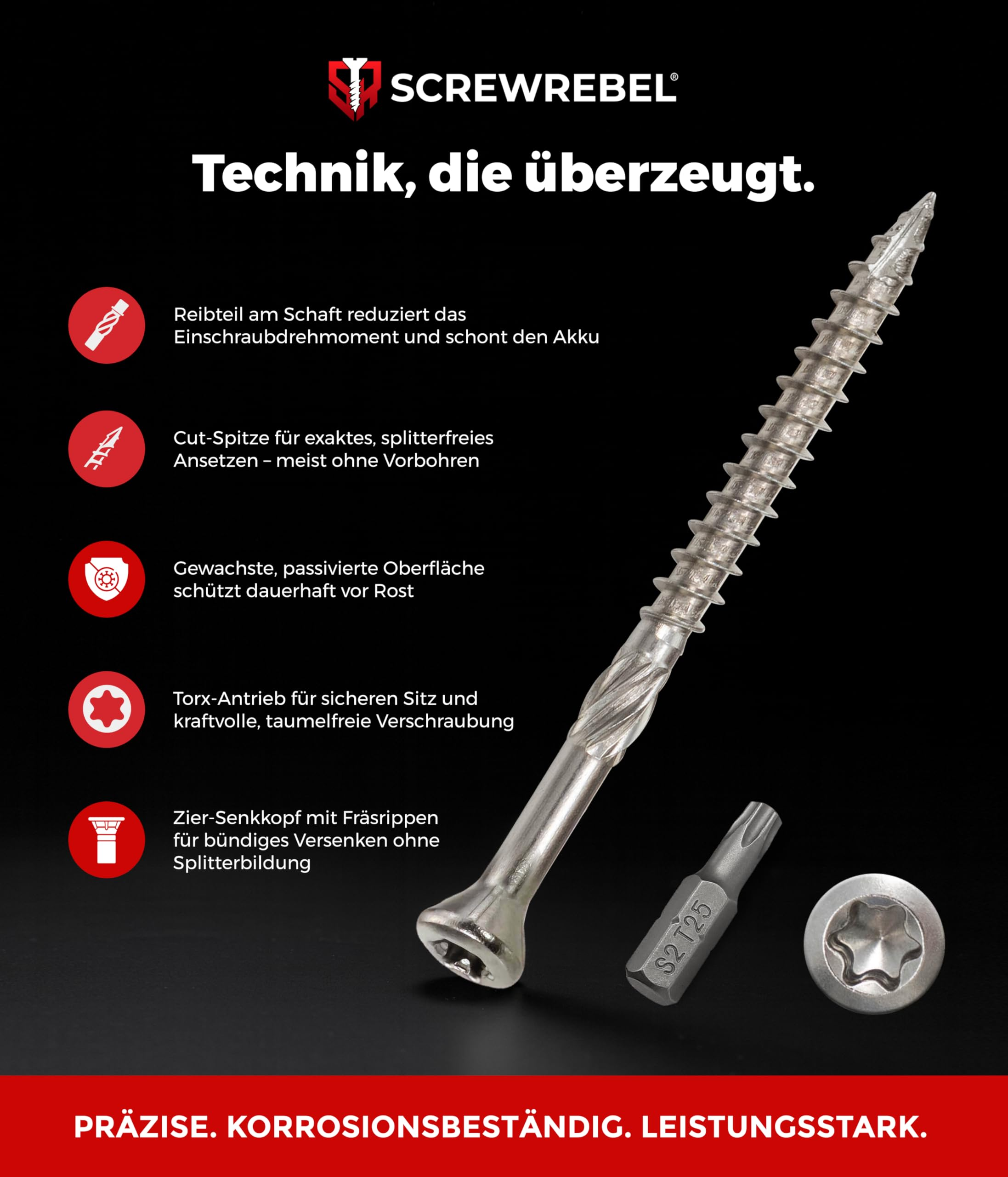 Screwrebel-Schraube auf schwarzem Hintergrund mit Texthinweis und Funktionen.