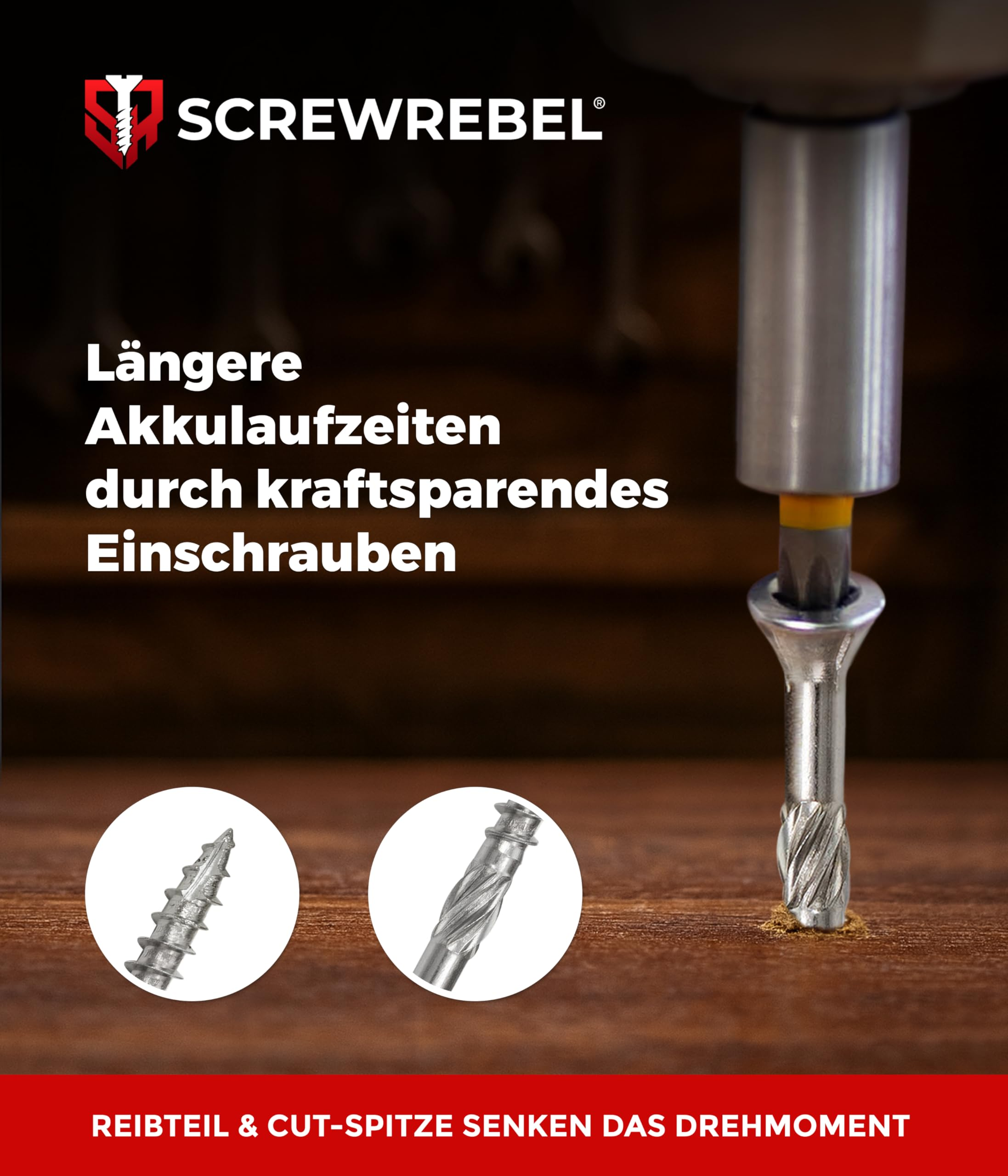 Schraube wird mit Bohrer in Holz gedreht, mit zwei Detailbildern von Spitze und Reibteil.