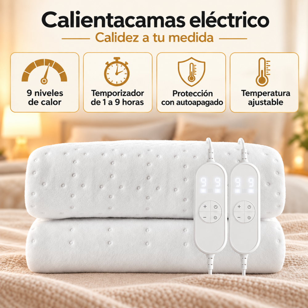 Manta eléctrica blanca doblada en la cama con dos mandos y cuatro iconos.