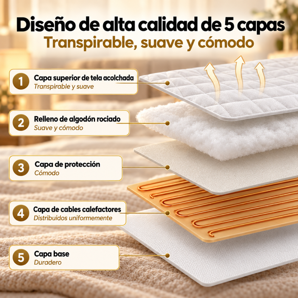 Diagrama que muestra las cinco capas de un cubrecolchón térmico, incluyendo tela acolchada, algodón y cables.