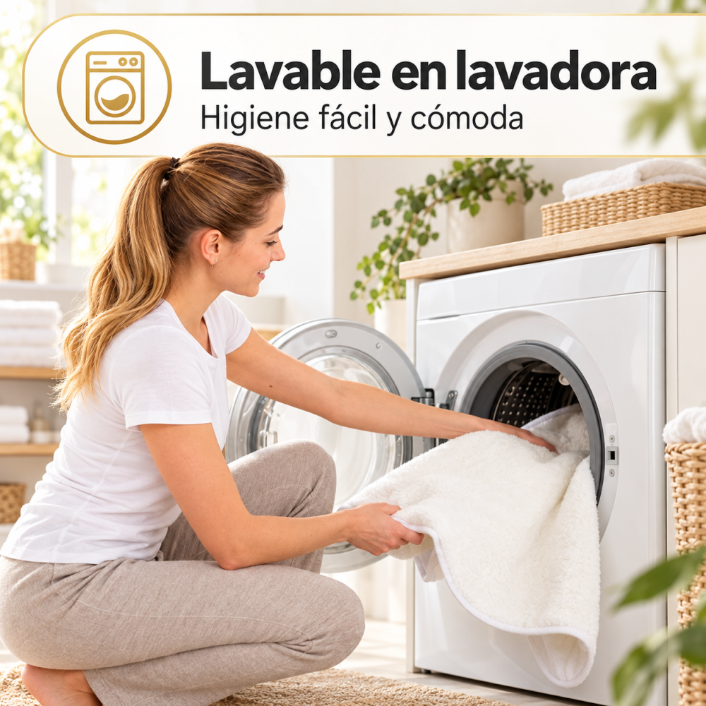 Una mujer con camisa blanca carga una manta blanca en una lavadora.