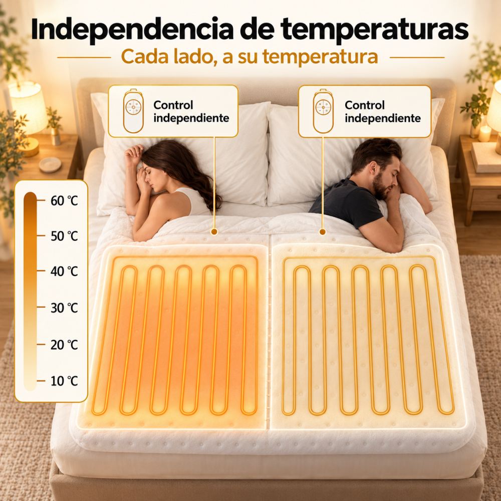 Una pareja duerme en una cama con un colchón térmico de doble zona, permitiendo control independiente de temperatura.