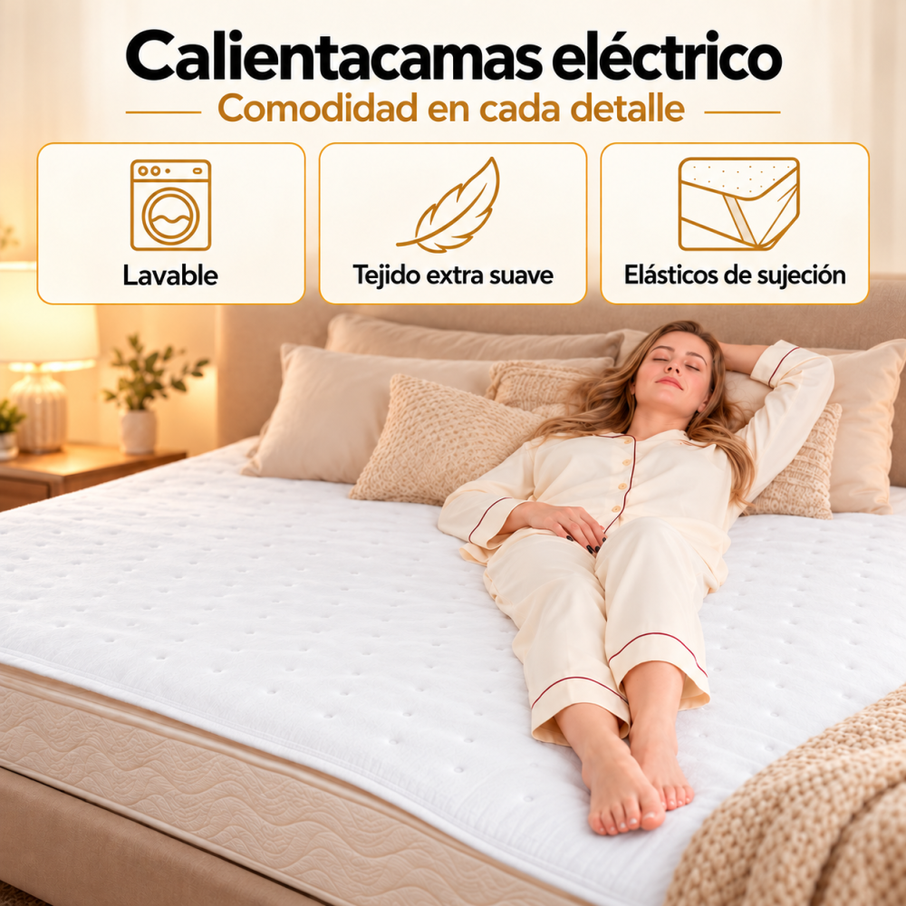 Una mujer descansa sobre un calientacamas eléctrico con tres características principales.