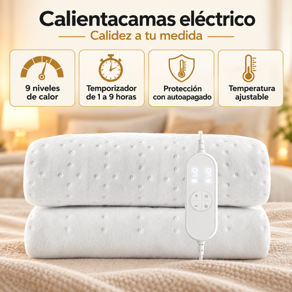 Calientacamas eléctrico blanco con control digital y cuatro iconos de características arriba.