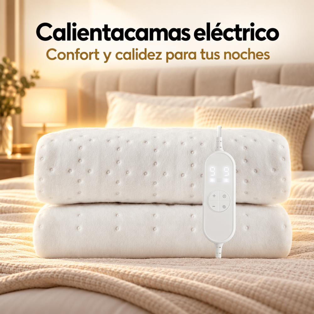 Un calientacamas eléctrico blanco doblado sobre una cama con control remoto y texto arriba.