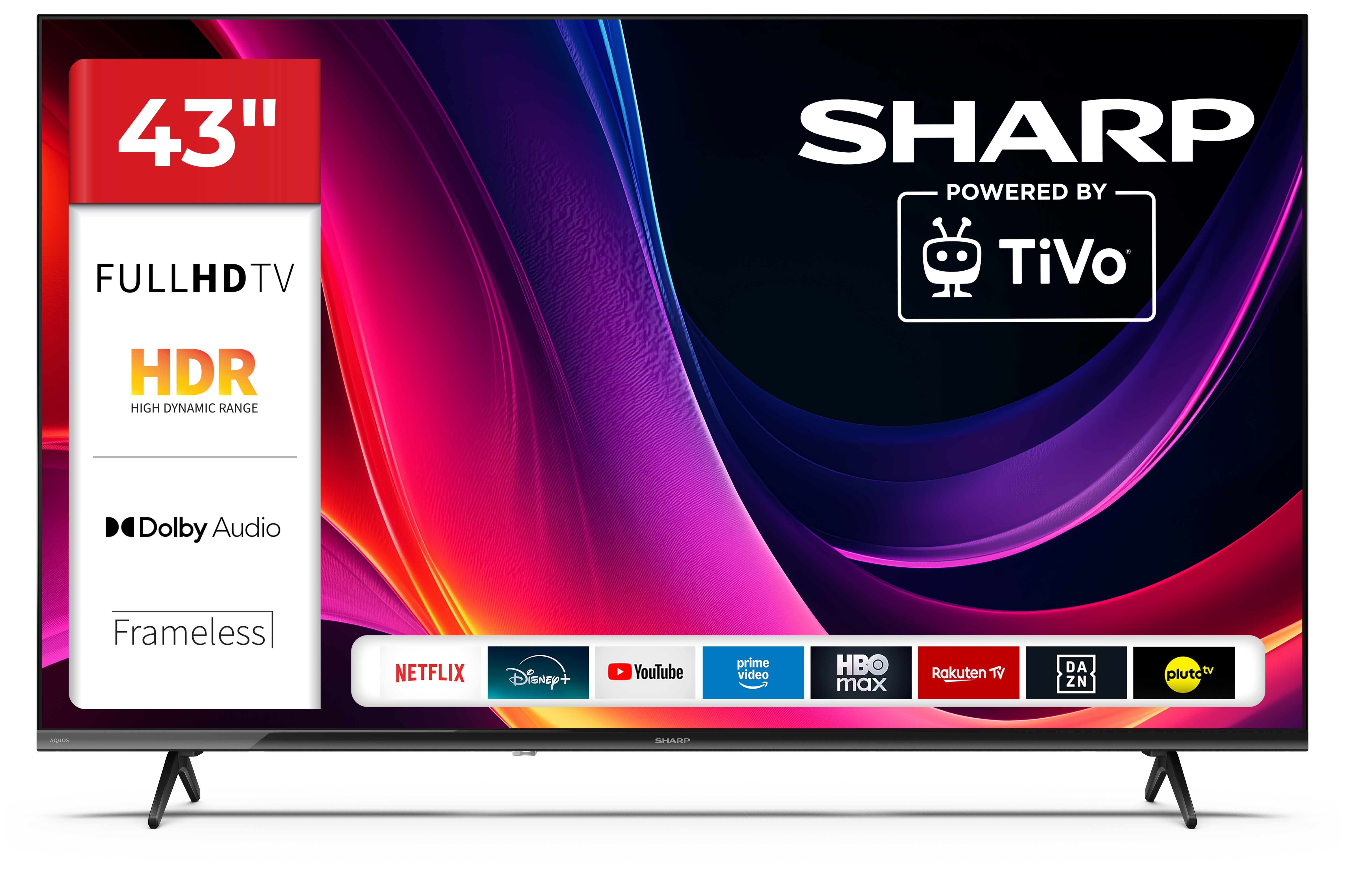 43-calowy telewizor Sharp Full HD z TiVo i logo aplikacji streamingowych.