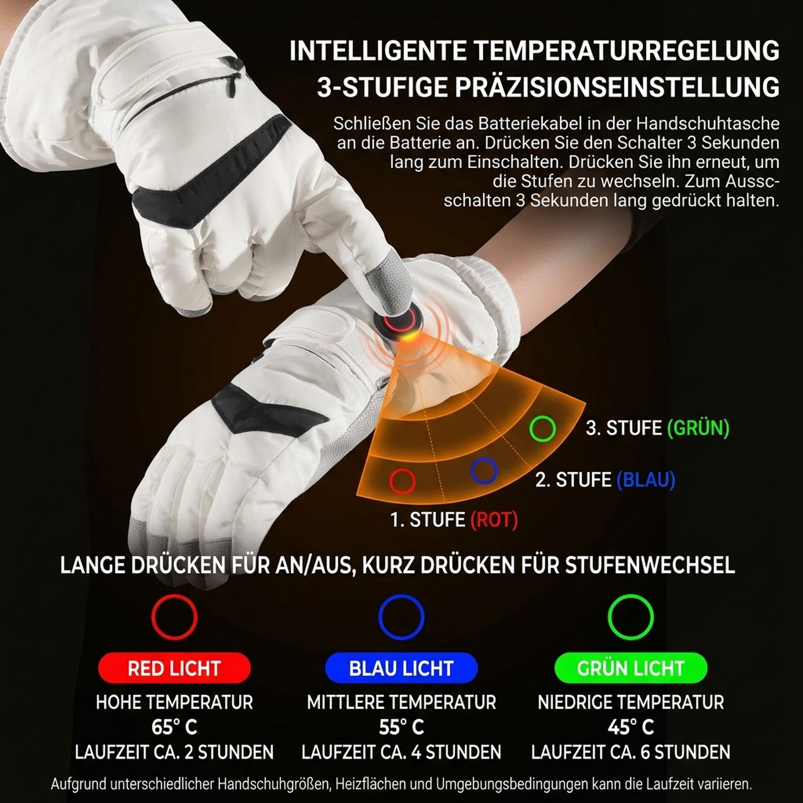 Weiße beheizbare Handschuhe mit Bedienungsanleitung und Anzeige für drei Temperaturstufen.