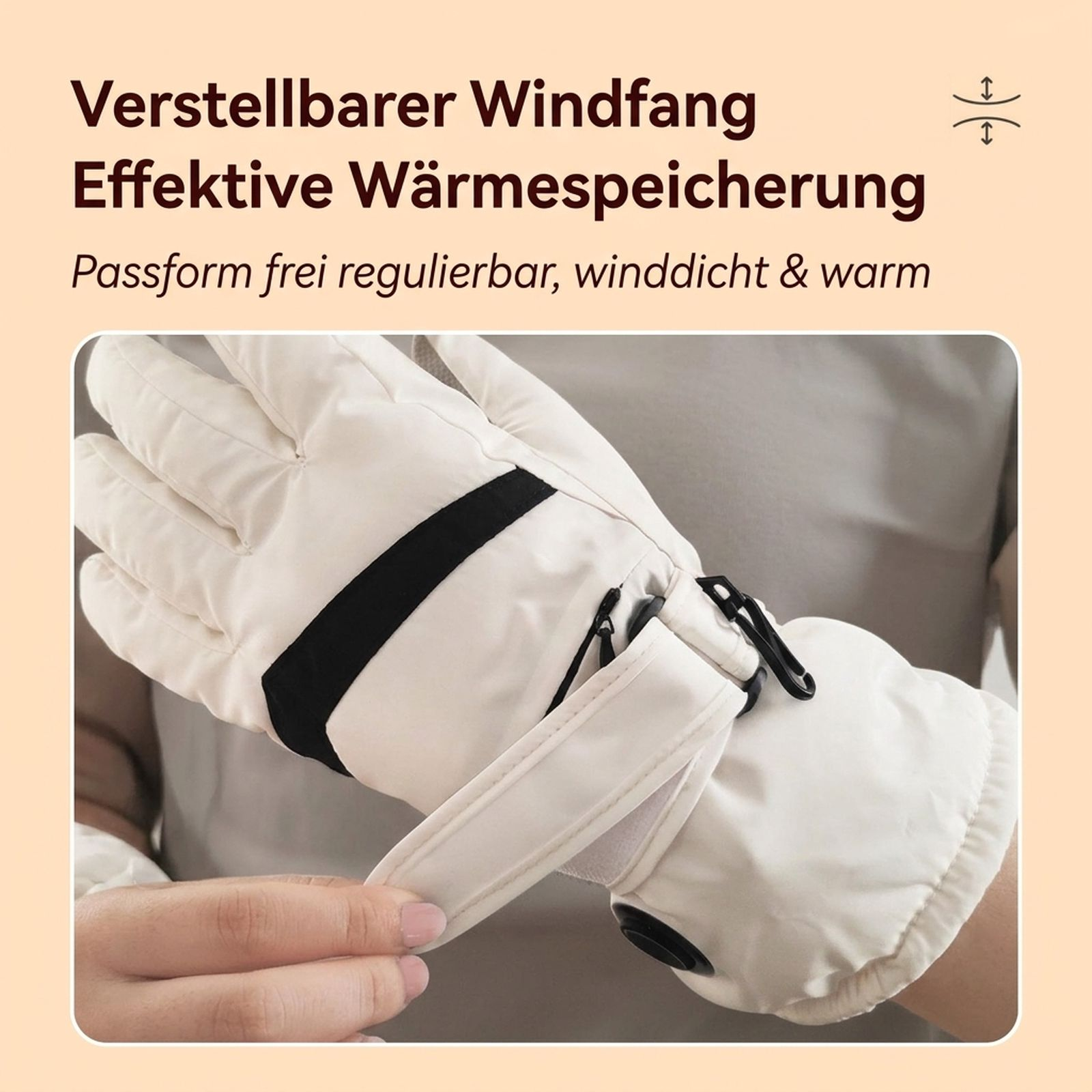 Ein weißer Winterhandschuh mit schwarzem Streifen und verstellbarem Riemen wird an der Hand getragen.