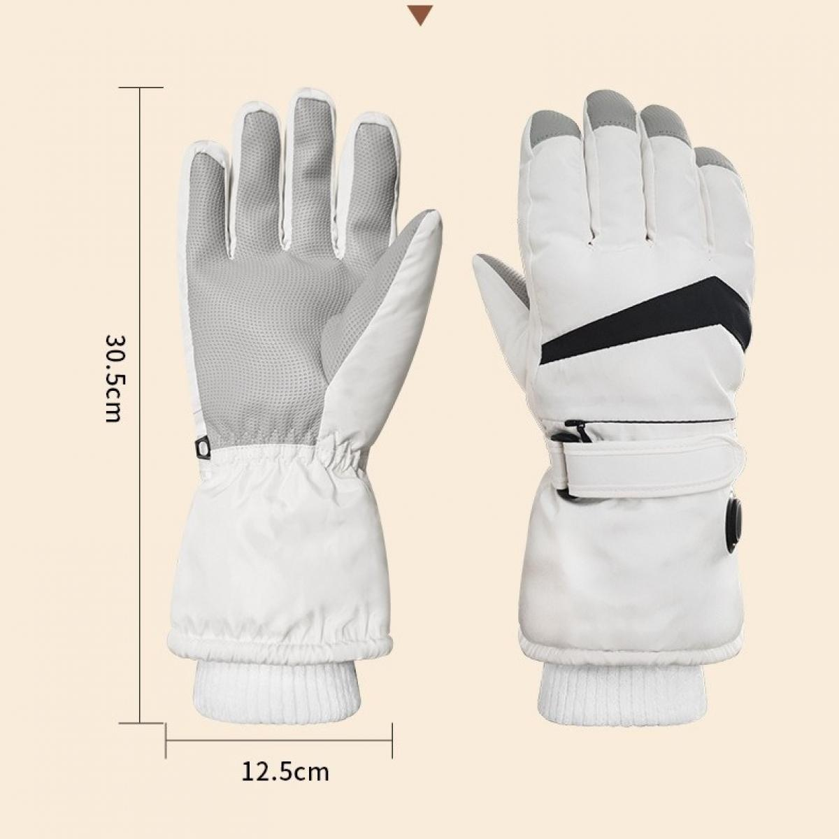 Weiße Skihandschuhe mit Maßen von 30,5 cm Länge und 12,5 cm Breite.