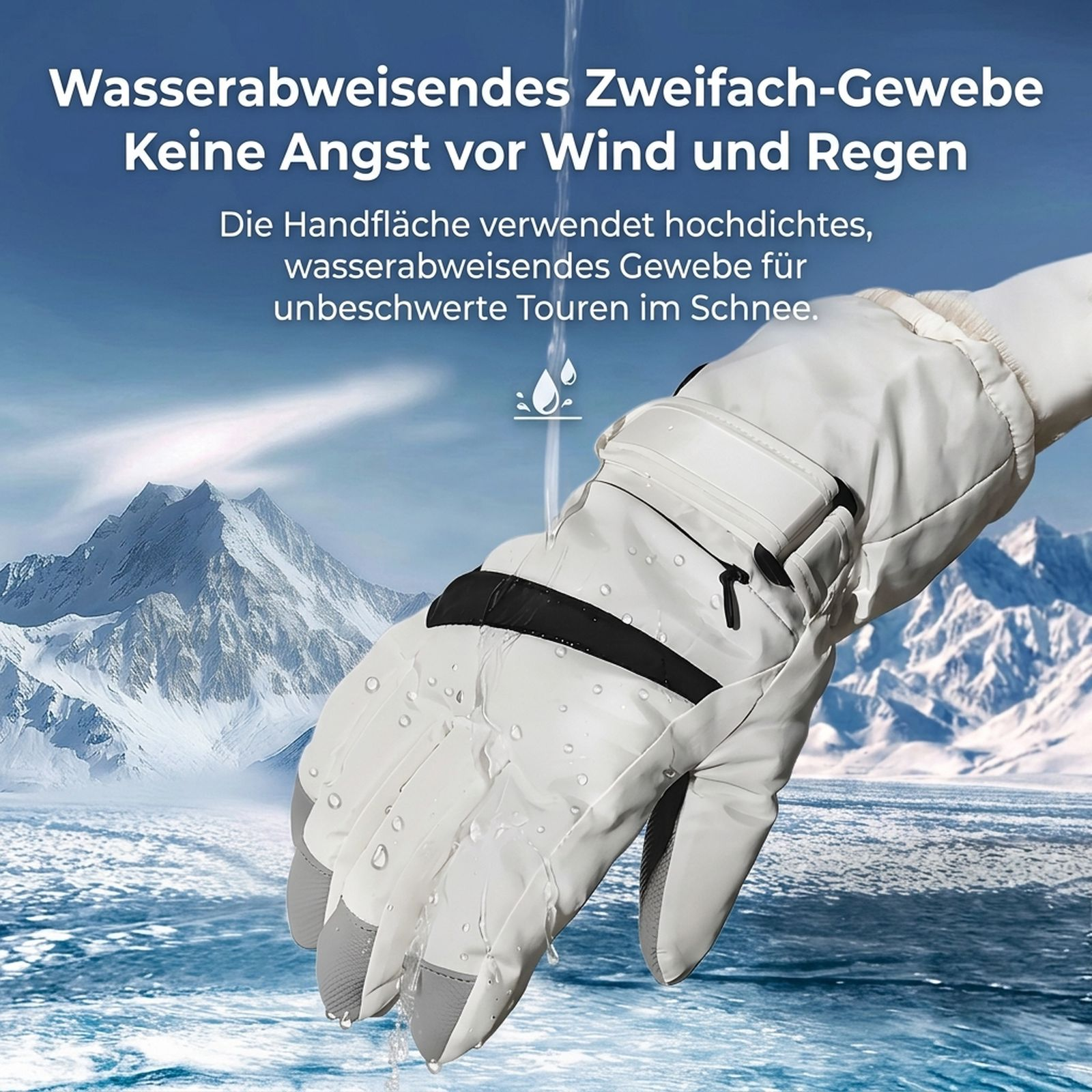 Ein weißer, wasserabweisender Skihandschuh im Schnee mit deutscher Textüberlagerung.