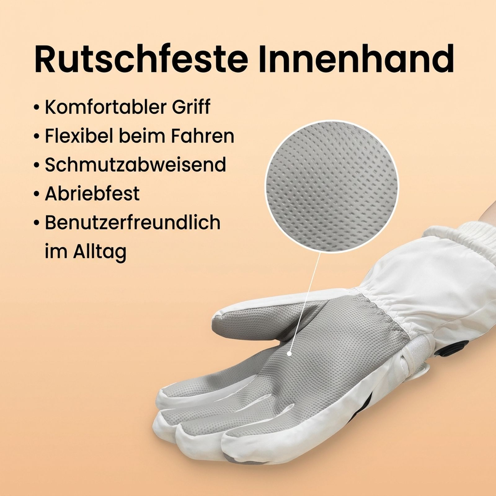 Produktwerbung für einen weißen Handschuh mit rutschfester Innenhand und deutscher Beschreibung.