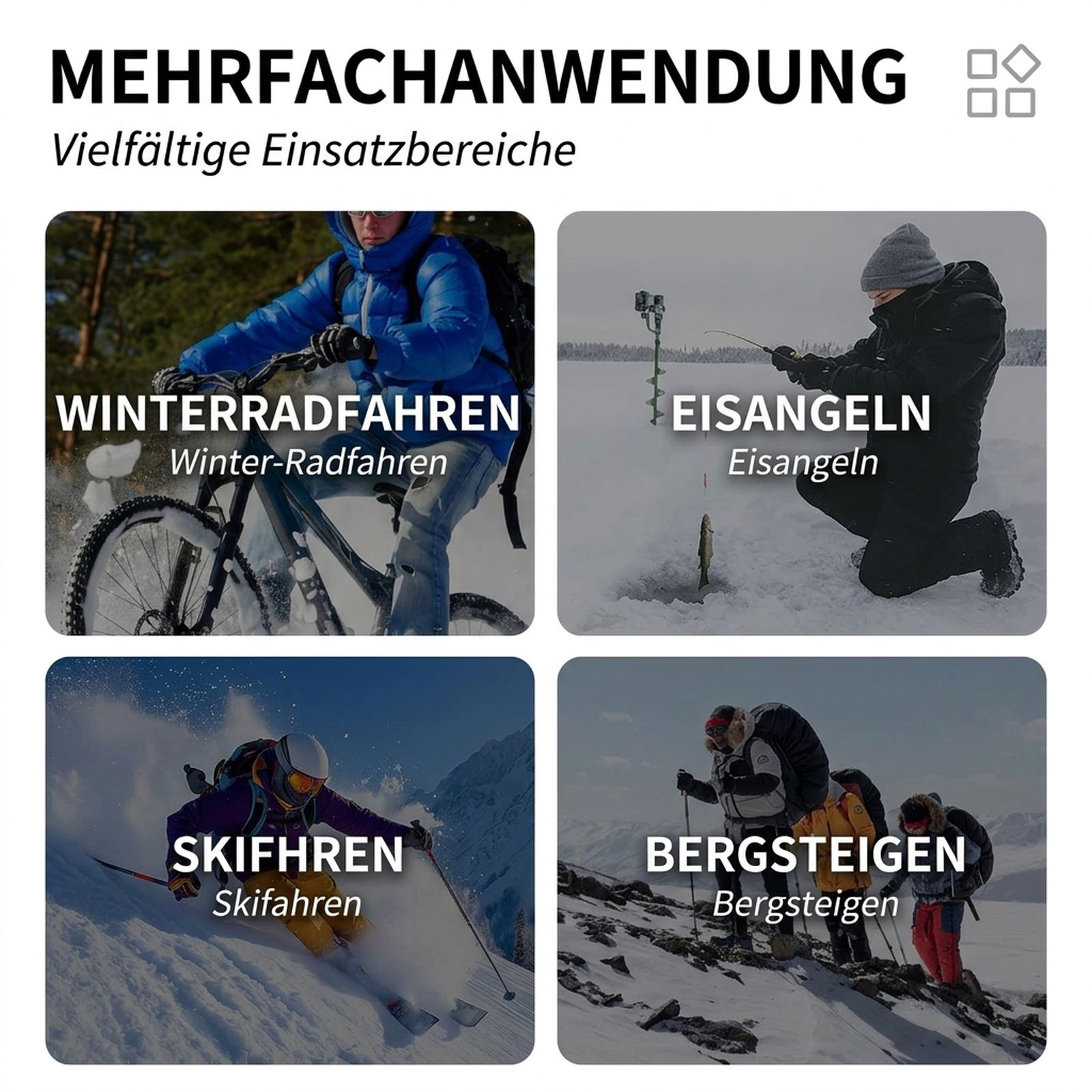 Vier Bilder zeigen Winteraktivitäten: Radfahren, Eisangeln, Skifahren und Bergsteigen mit deutschen Texten.