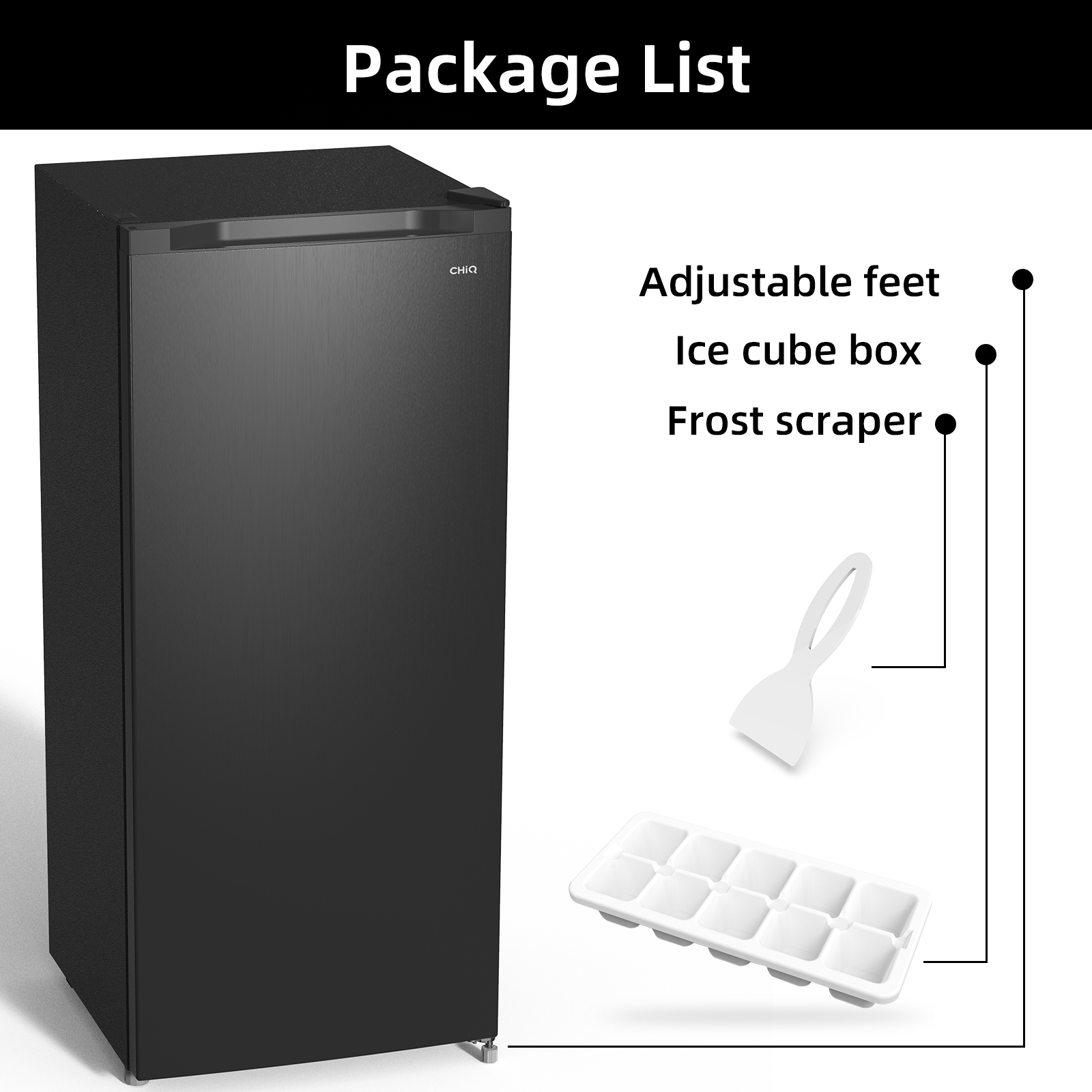 Package list showing a black refrigerator, ice scraper, ice cube box, and adjustable feet.