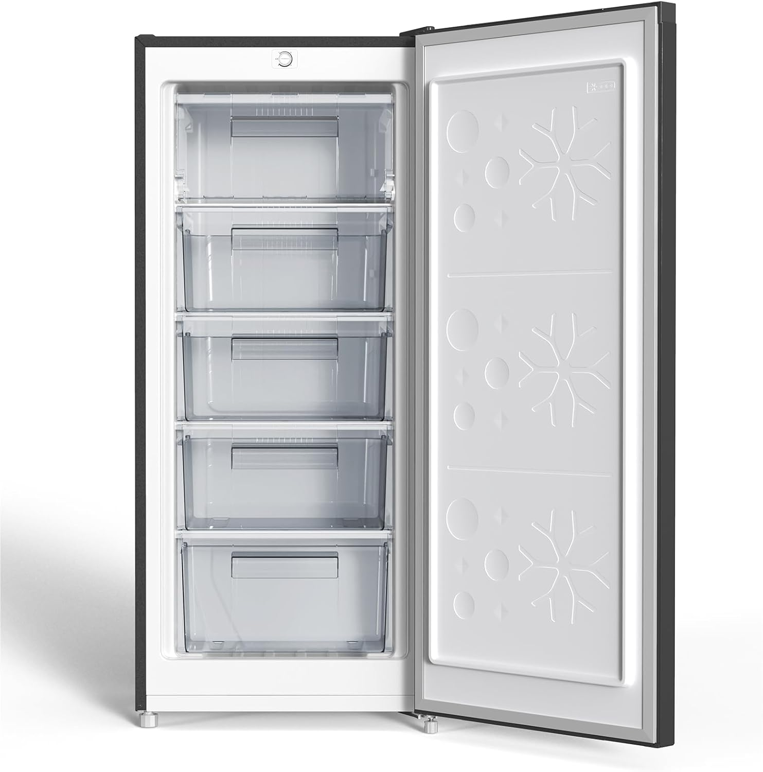 An open grey upright freezer with five transparent drawers and a white interior on a light background.