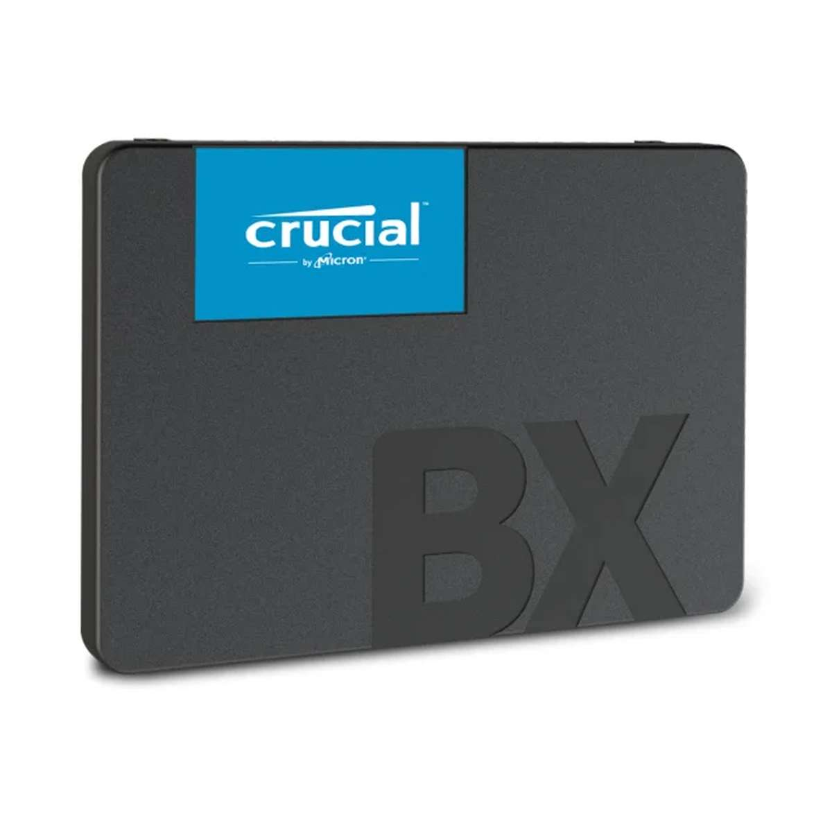 A black Crucial BX solid state drive with a blue and white logo on a white background.