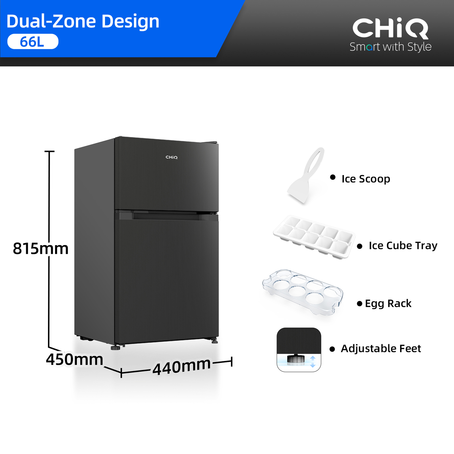 A black 66L dual-zone refrigerator with dimensions and accessories like ice scoop, tray, egg rack, and adjustable feet.