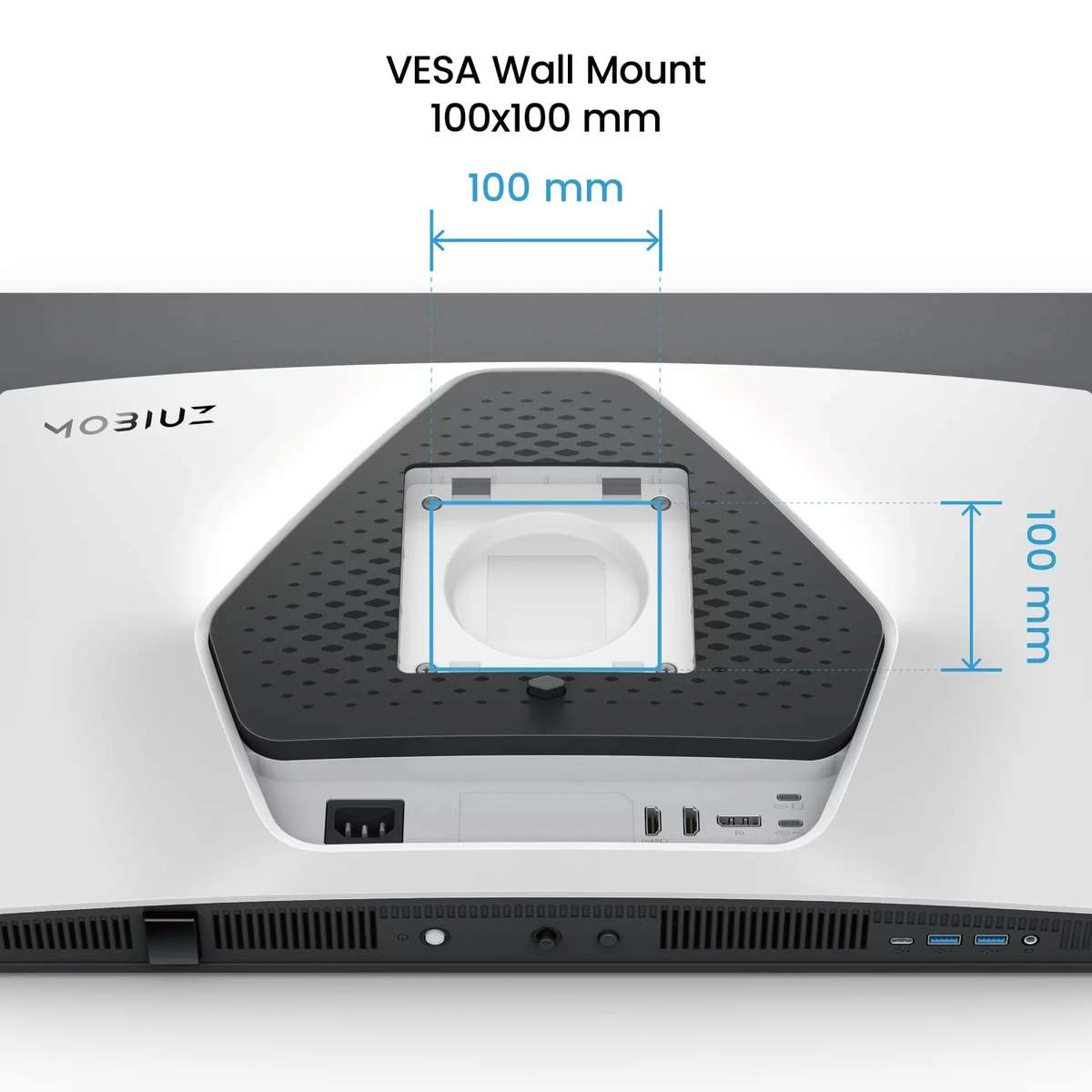 100x100 mm VESA duvar montaj ölçülerini gösteren MOBIUZ monitörün arka görünümü.