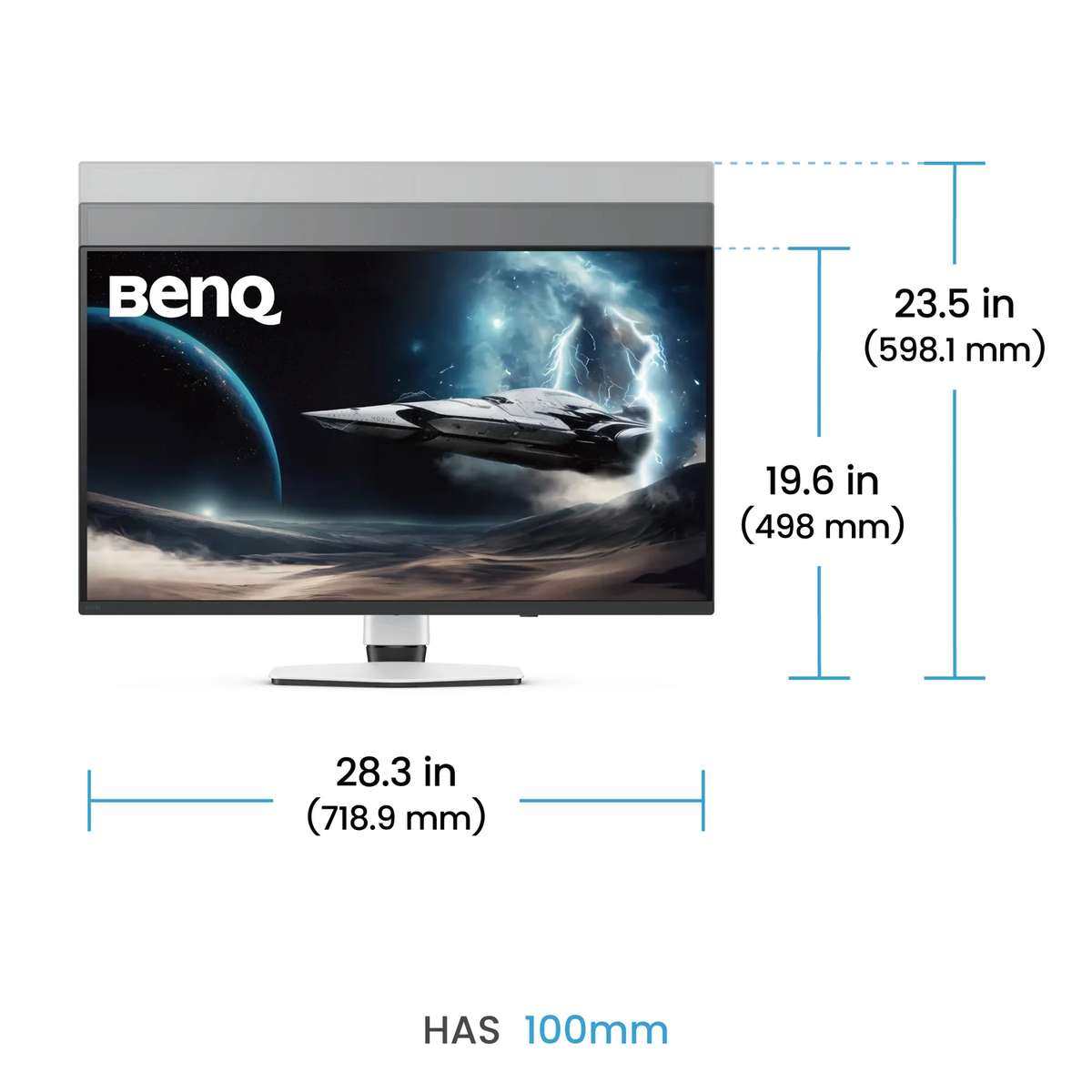 İnç ve milimetre cinsinden ölçüleri olan BenQ monitör, yükseklik 23.5 inç, genişlik 28.3 inç.