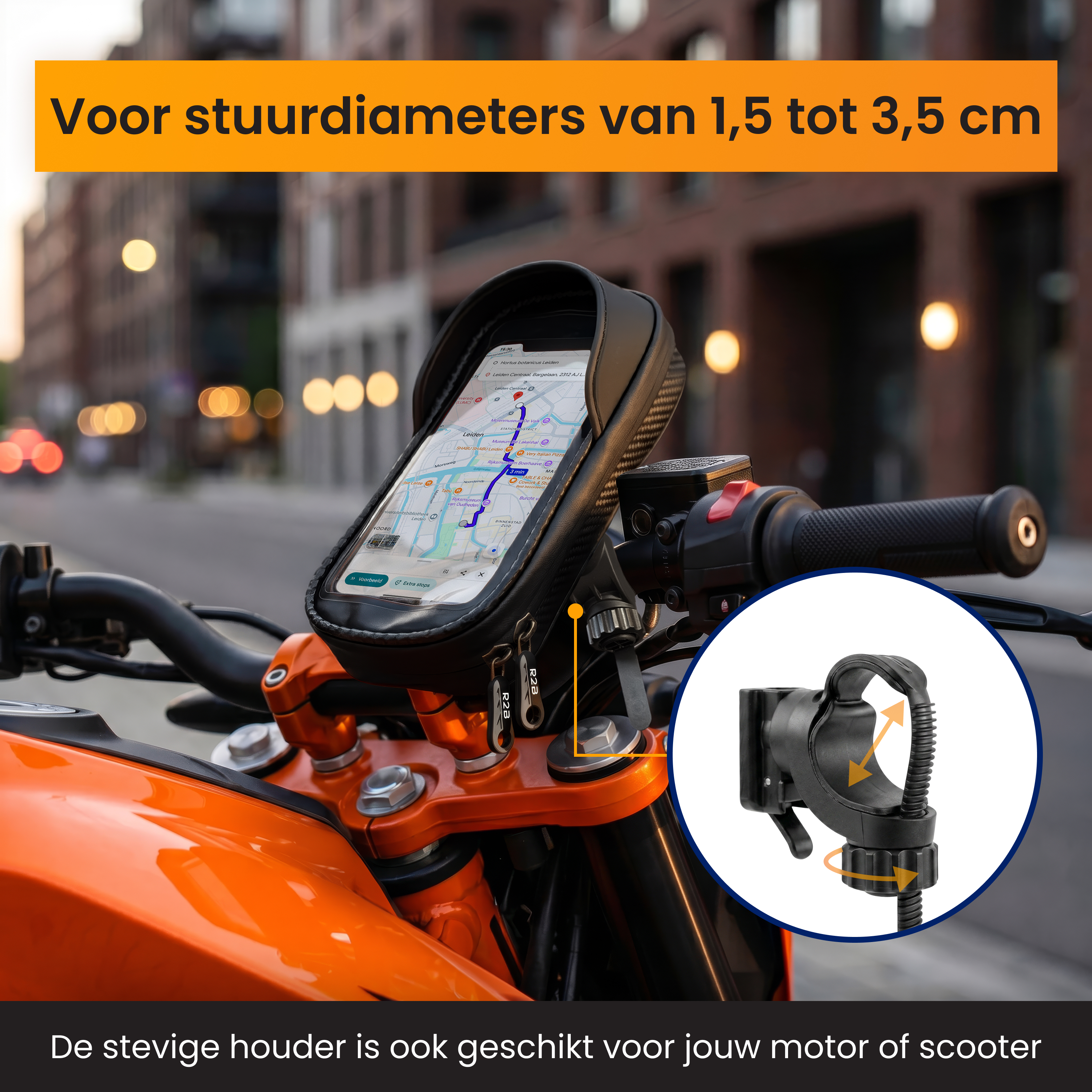 Motorradlenkertasche mit Smartphone und Inset-Detail der Halterung.