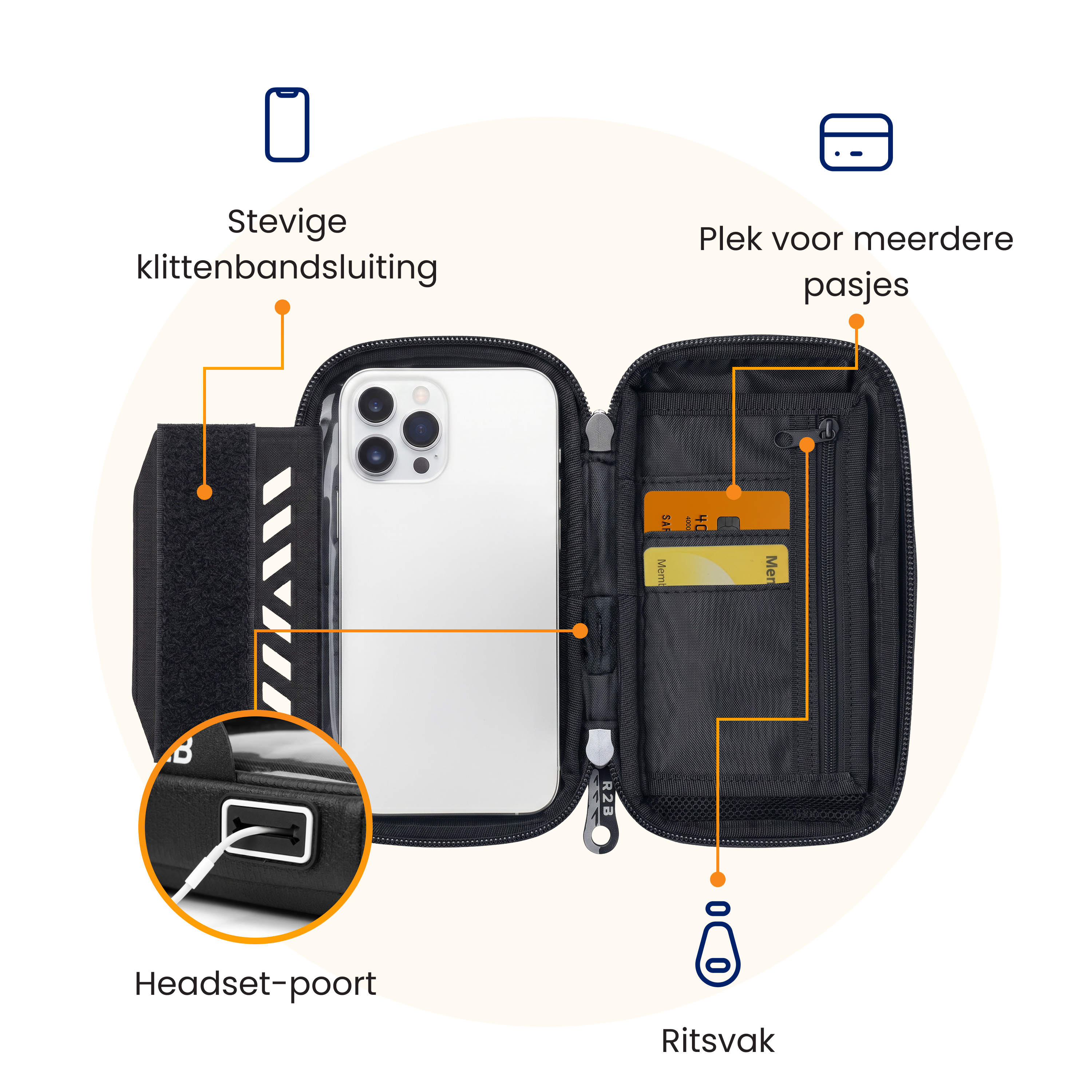 Geöffnete schwarze Tasche mit Smartphone, Kartenfächern, Reißverschlussfach, Kopfhöreranschluss und Klettverschluss.