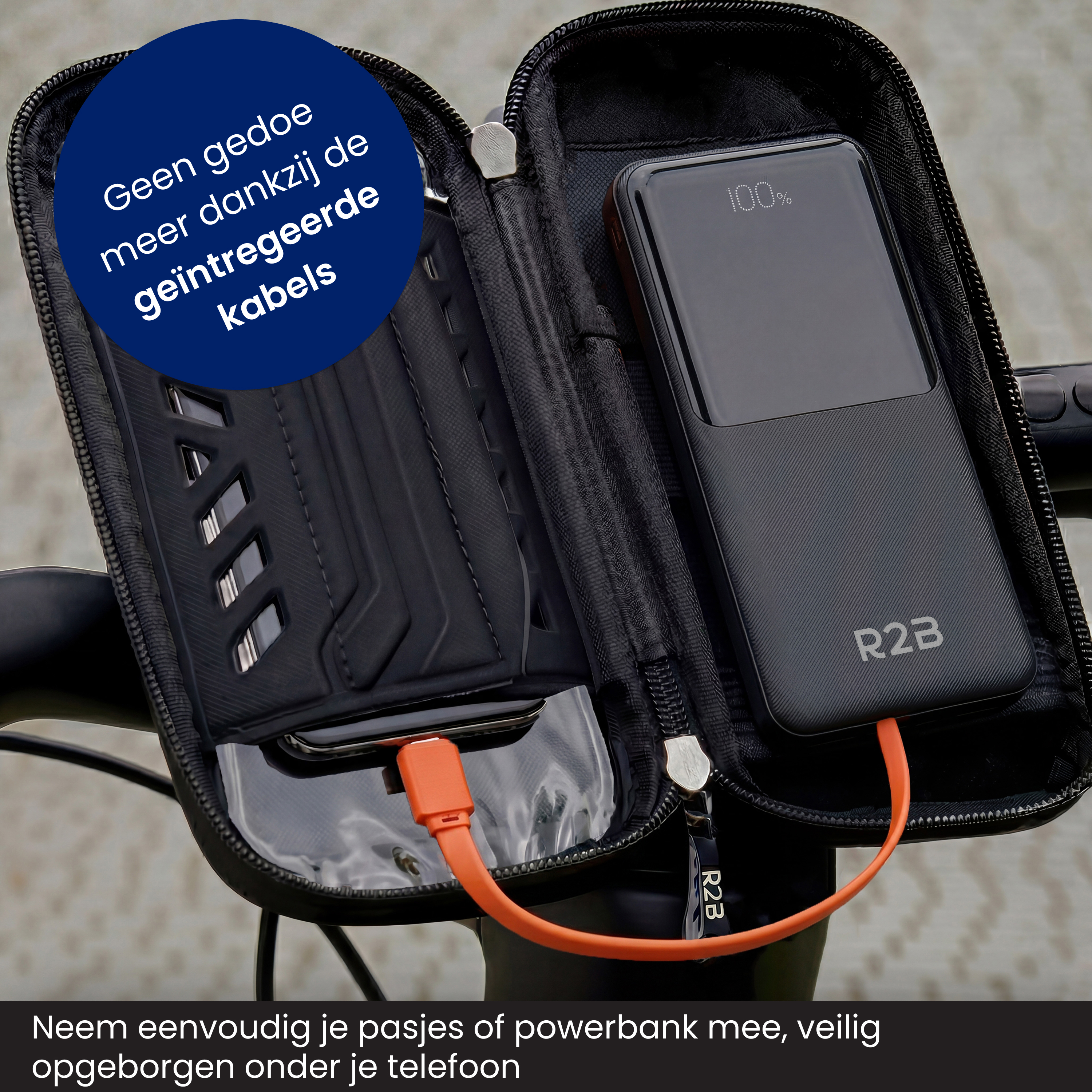 Fahrradtasche mit Powerbank und integrierten Kabeln.
