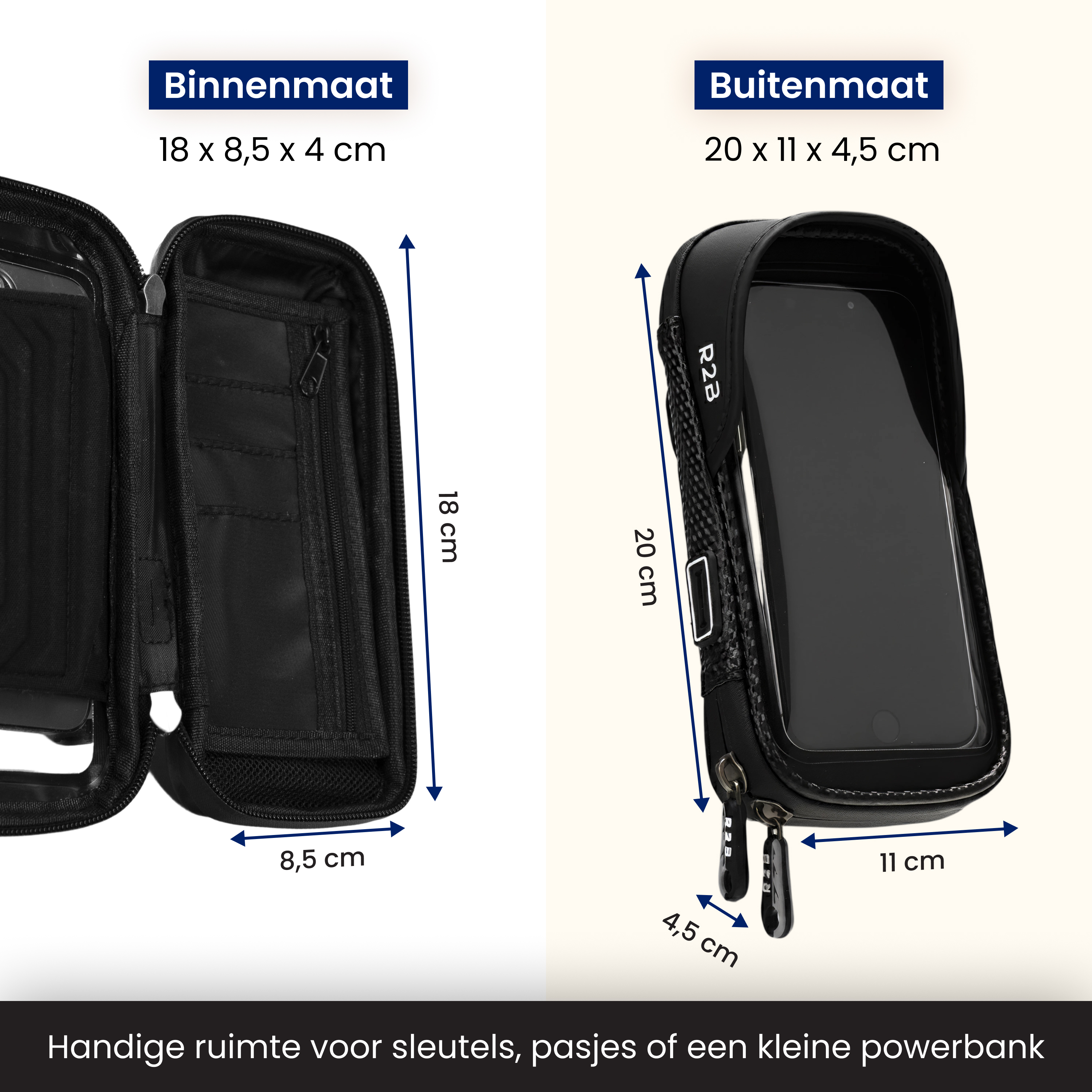 Schwarze Fahrradtasche mit Smartphone-Halterung, Innen- und Außenmaßen sowie Platz für Zubehör.