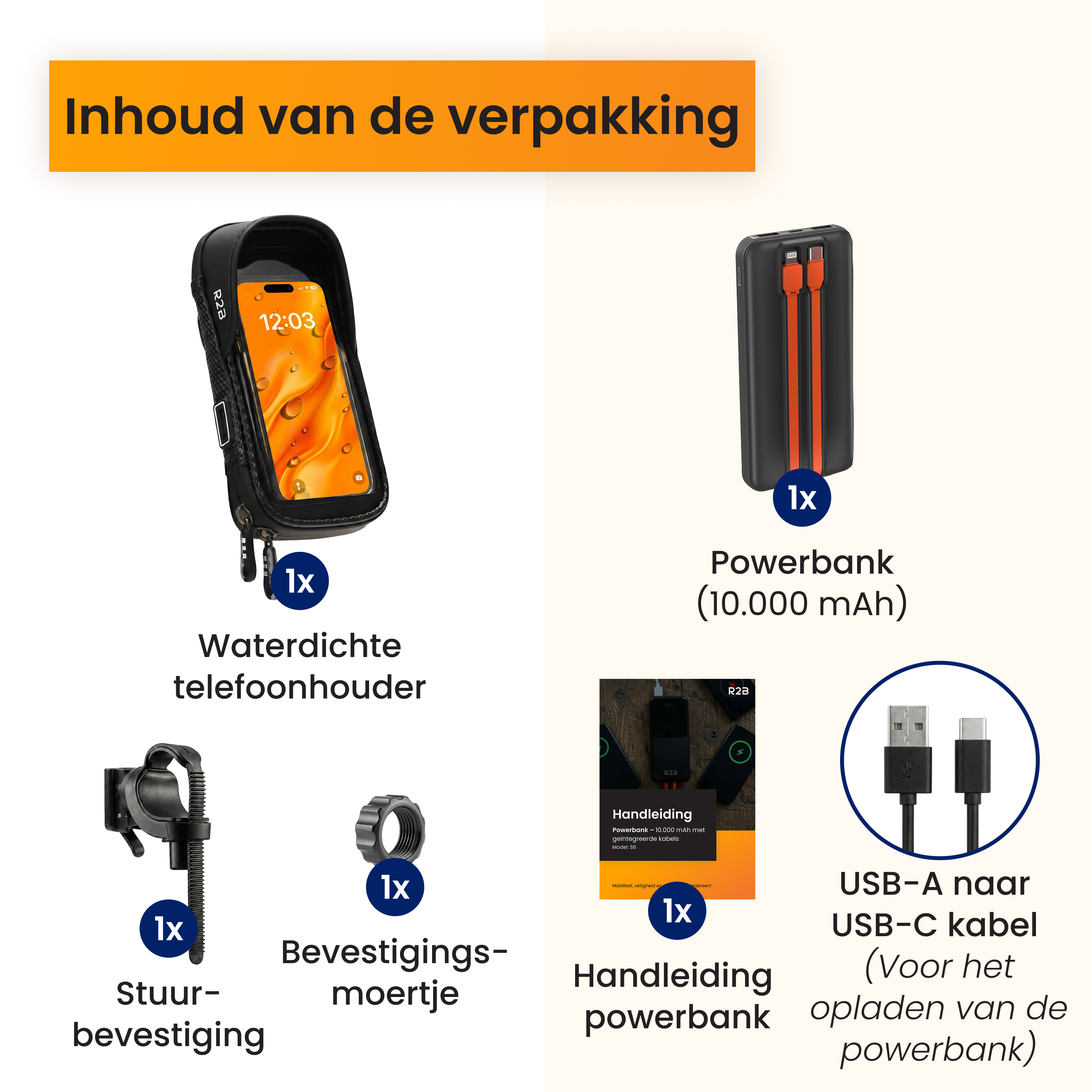 Paketinhalt zeigt eine wasserdichte Handytasche, Powerbank, Lenkerhalterung, Handbuch und USB-C-Kabel.