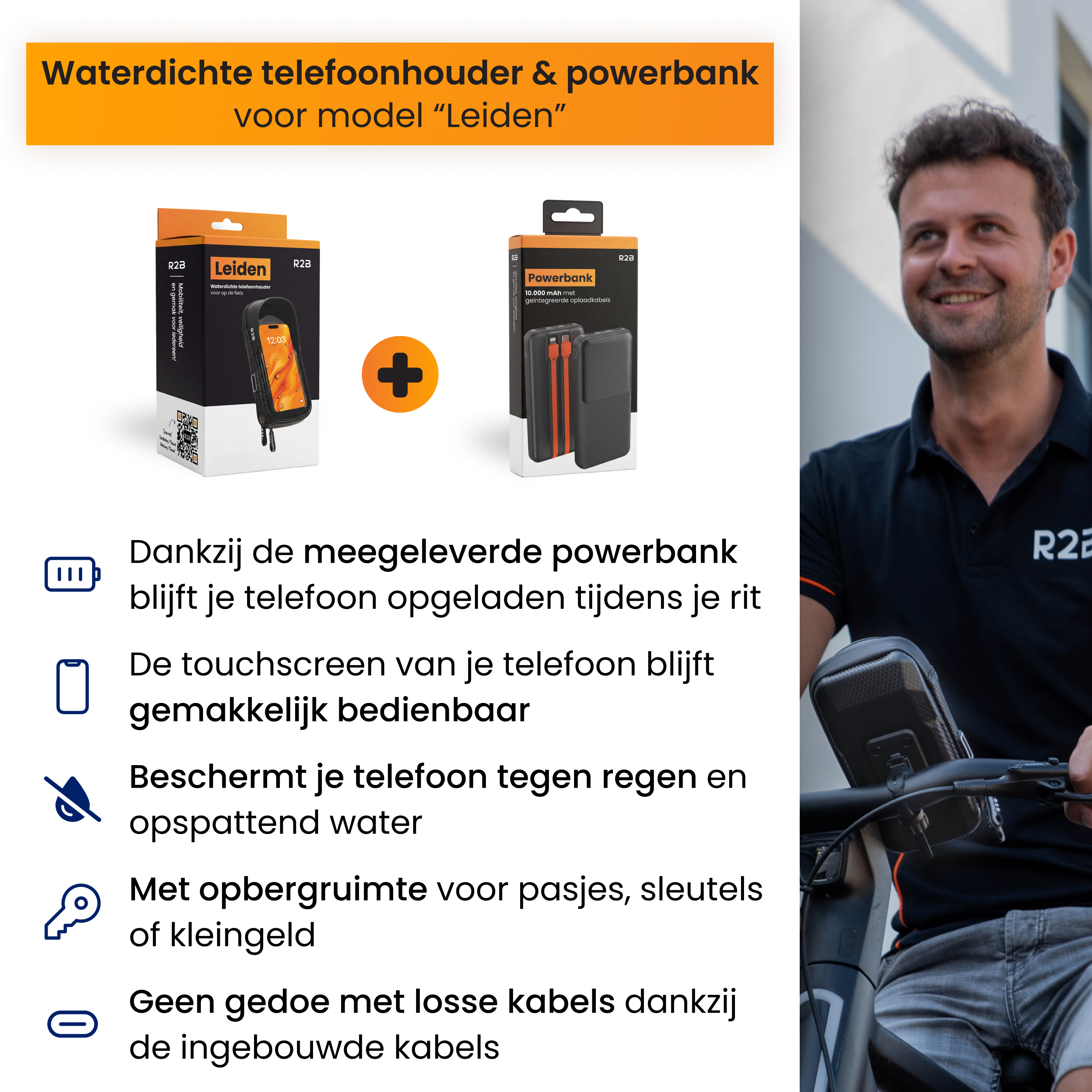 Wasserdichte Fahrrad-Handyhalterung und Powerbank im Set, gezeigt mit Produktverpackung und Mann auf dem Fahrrad.