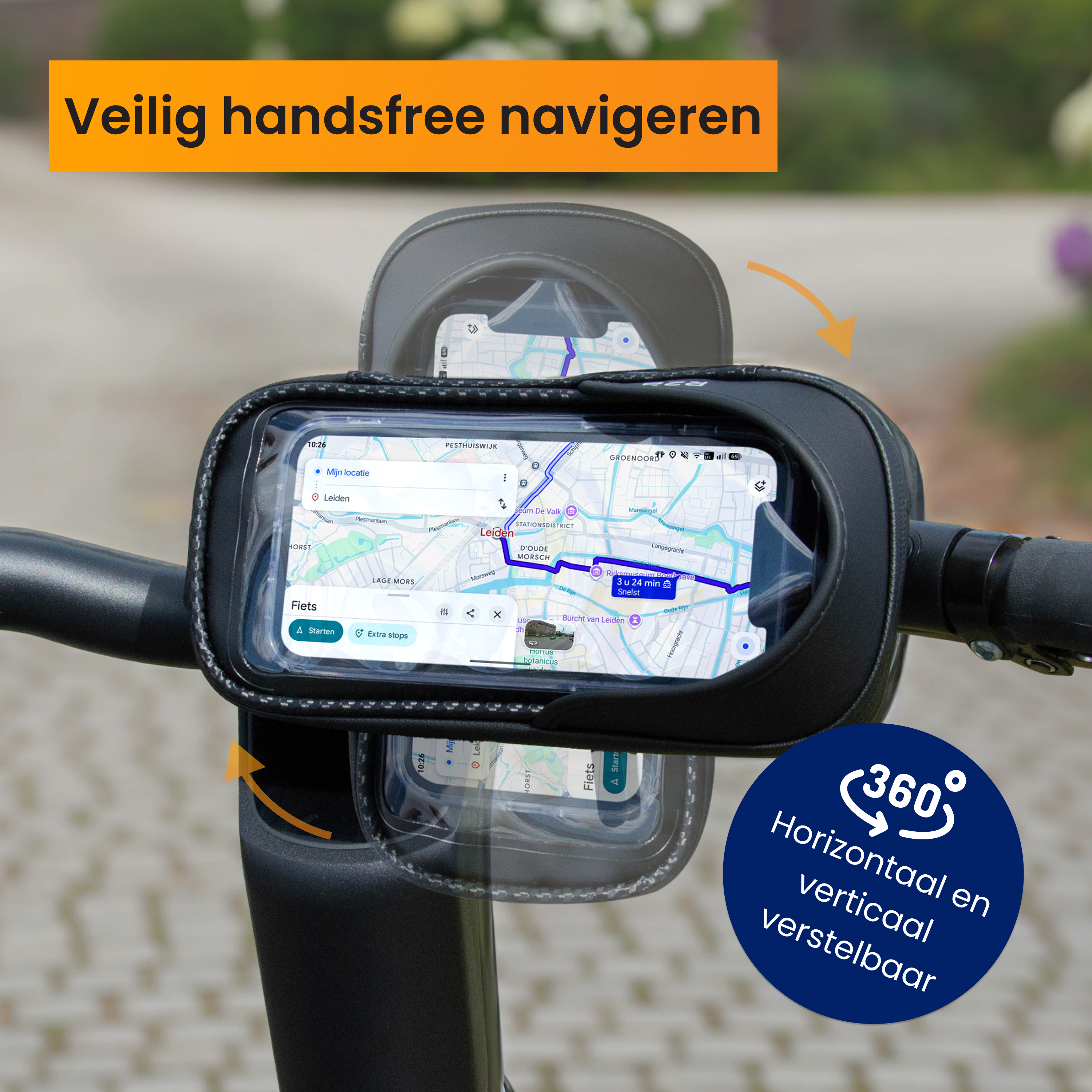 Smartphone in einer schwarzen Lenkerhalterung mit GPS-Navigation am Fahrrad.