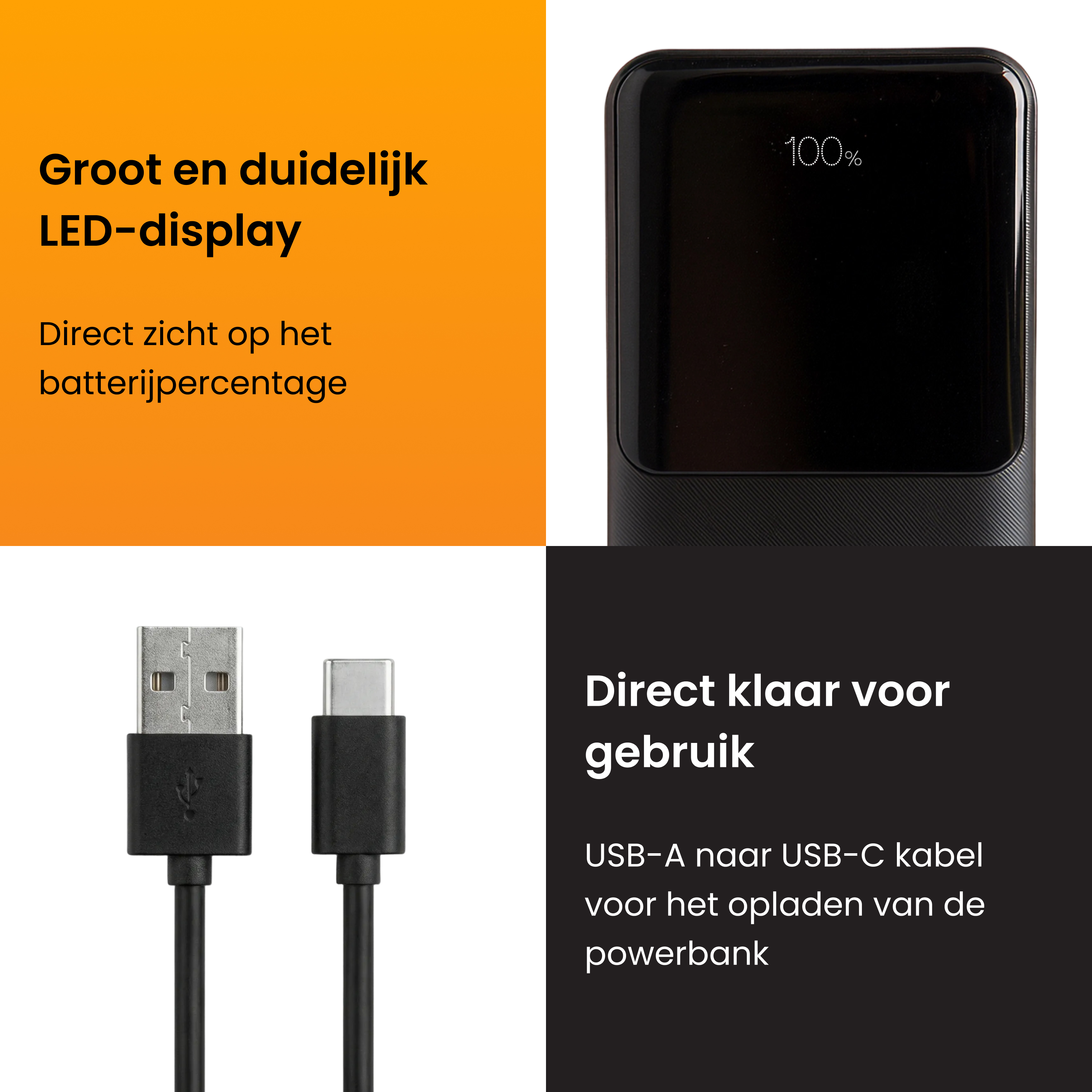 Powerbank mit großem LED-Display, 100% Ladung und USB-A zu USB-C Ladekabel.