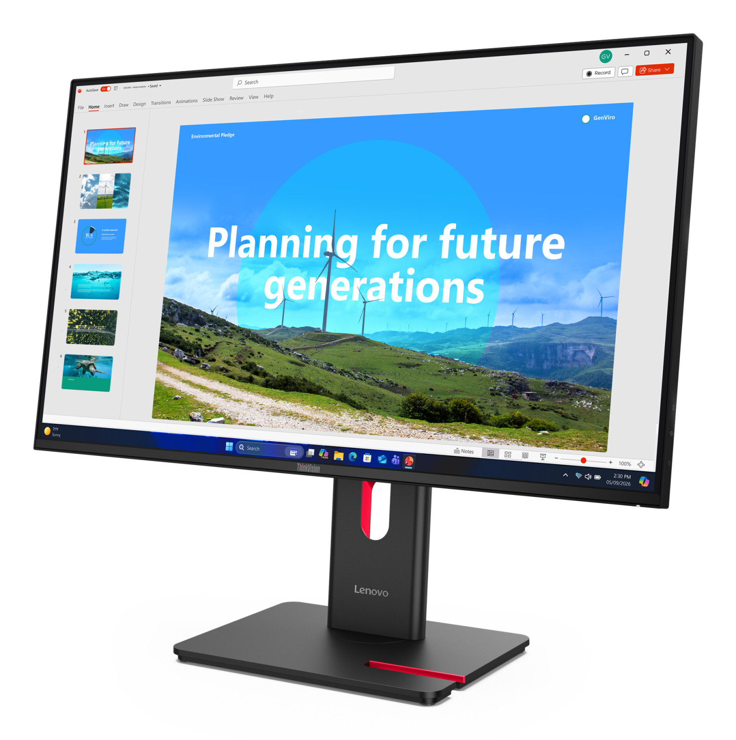 Lenovo ThinkVision Monitor zeigt eine PowerPoint-Präsentation mit dem Text 'Planning for future generations'.