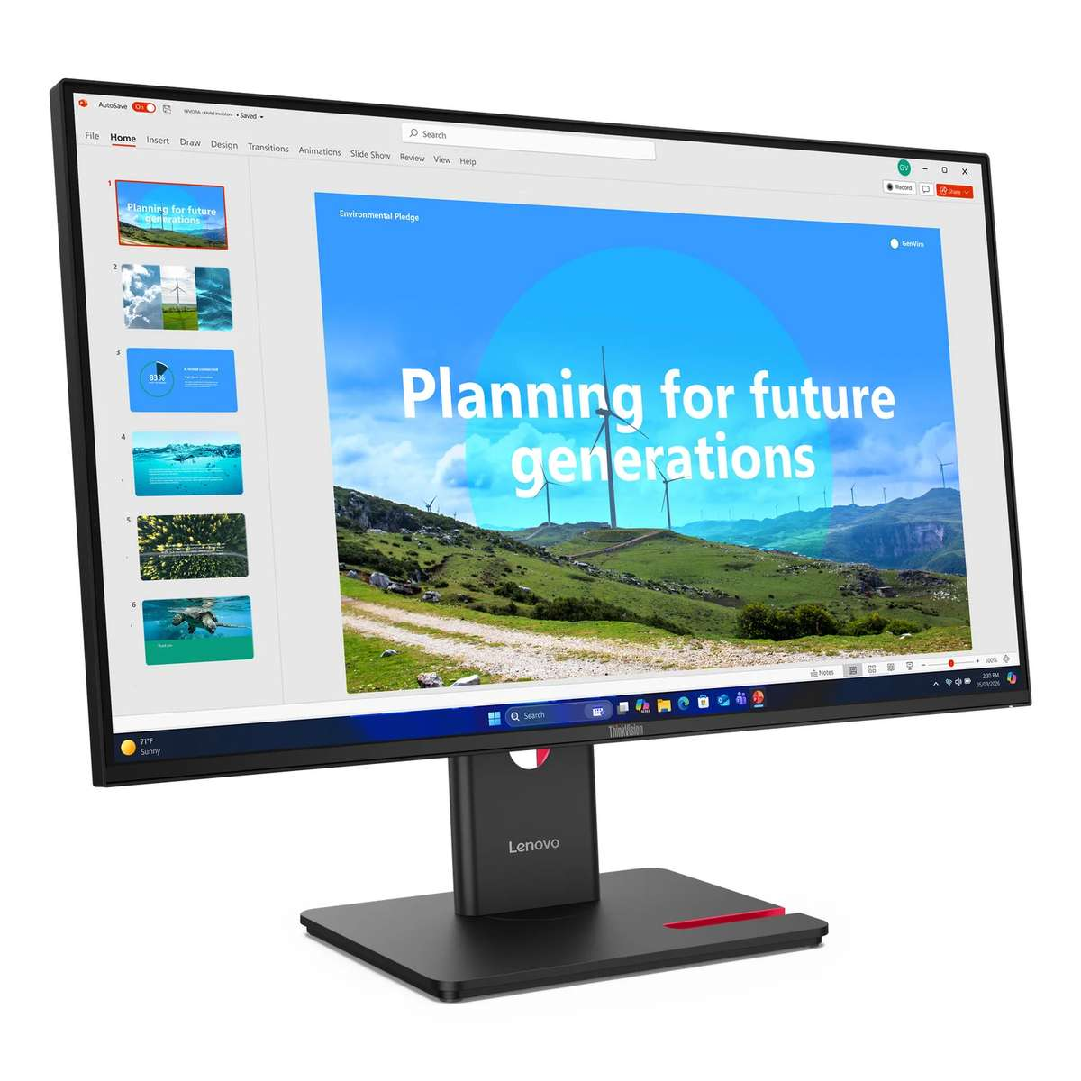 Ein Lenovo-Monitor zeigt eine Präsentation über Umweltpflege und erneuerbare Energien.