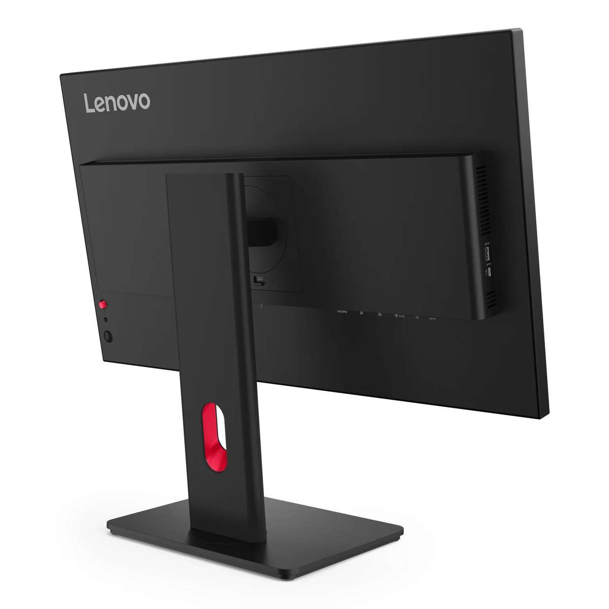 Rückansicht eines schwarzen Lenovo Monitors mit Standfuß und rotem Kabelmanagementloch auf weißem Hintergrund.