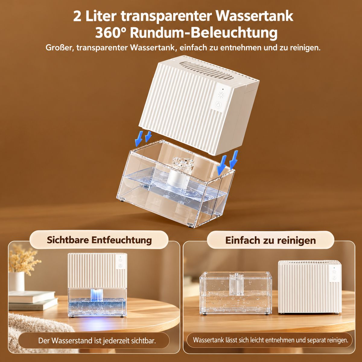 Ein weißes Haushaltsgerät mit abnehmbarem, transparentem 2-Liter-Wassertank auf einem Holztisch.