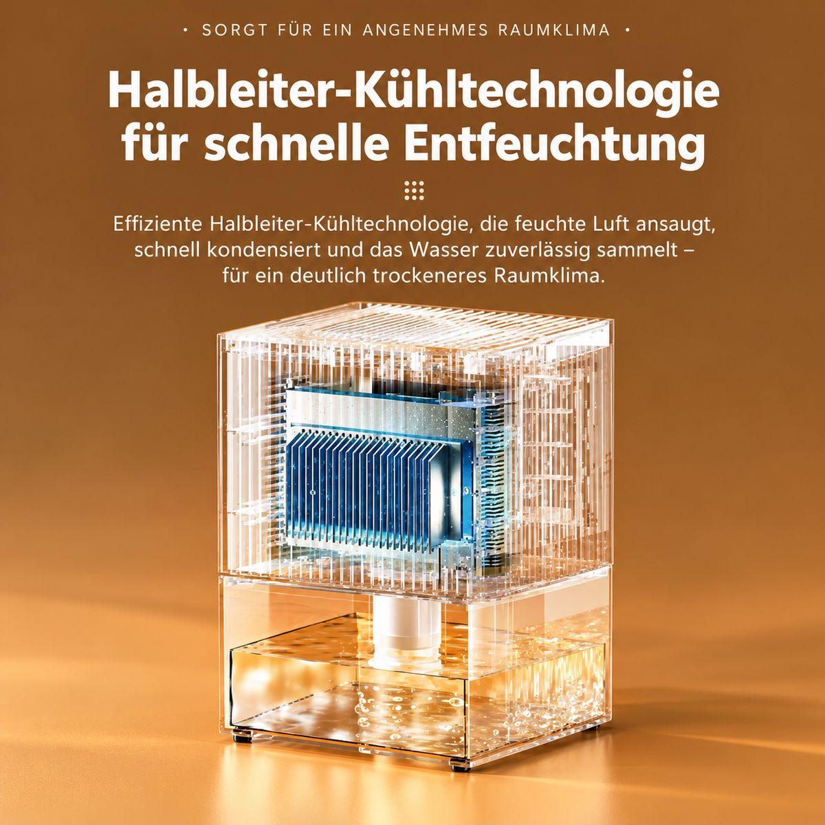 Transparenter Entfeuchter mit blauen Kühlelementen und Wassertank auf braunem Hintergrund.