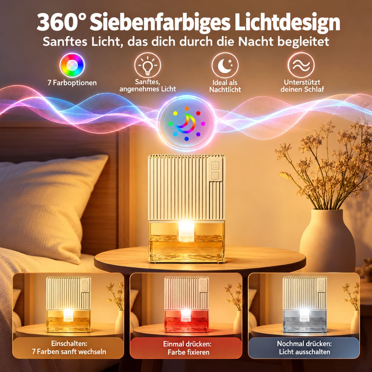 Ein Diffusor auf einem Nachttisch zeigt 360-Grad-Lichtdesign mit sieben Farboptionen für sanftes Nachtlicht.