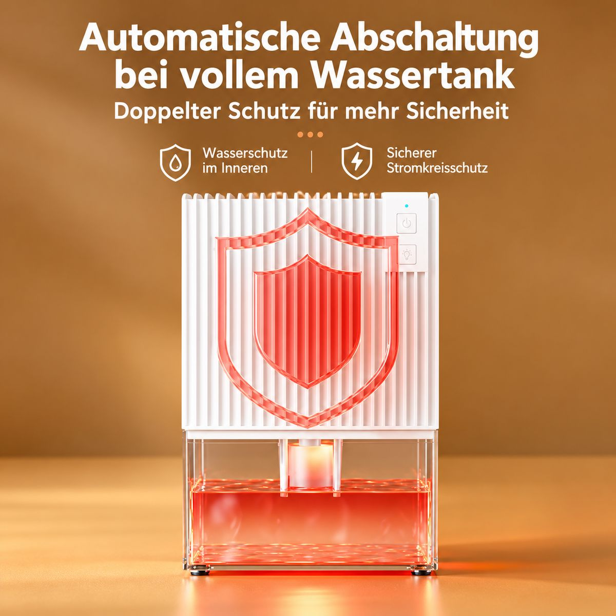 Weisser Luftentfeuchter mit rotem Wassertank und Schildsymbol vor braunem Hintergrund.