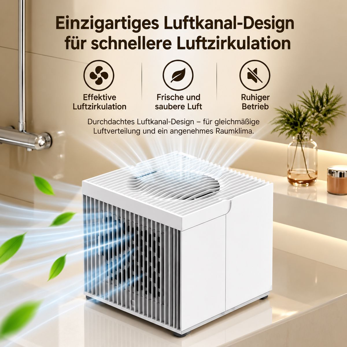 Weißer Luftkanal-Ventilator auf einer Theke mit grünen Blättern und deutscher Produktbeschreibung.