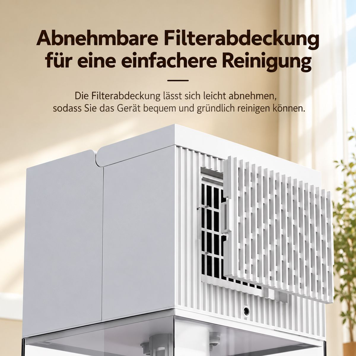 Ein weißes Gerät mit abnehmbarer Filterabdeckung für einfache Reinigung in einem hellen Raum.